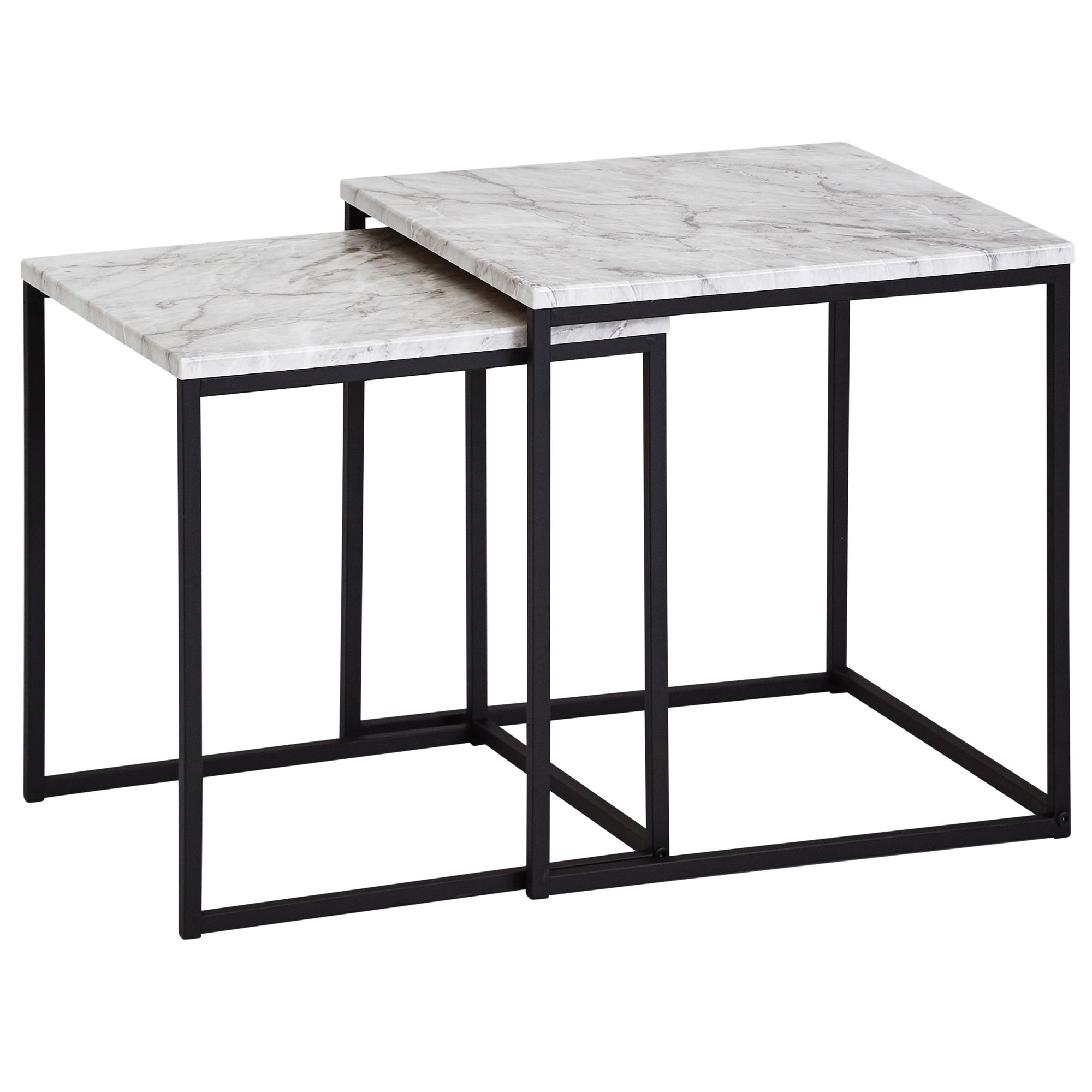 Set 2 Tavolini Effetto Marmo Bianco MDF | Gambe Metallo Nere | Dimensioni 40x42,5x40 cm & 35x39,5x35 cm