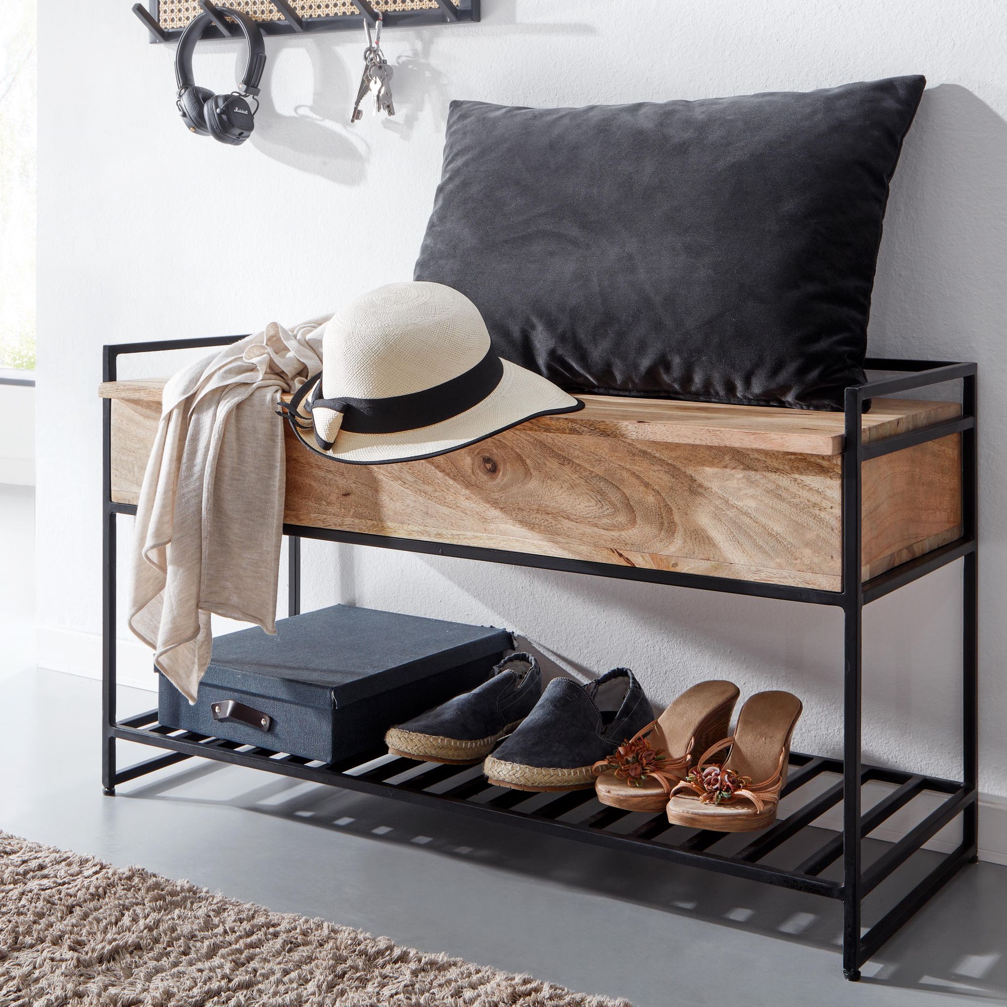 Panca con contenitore in legno massello di mango e metallo | Marrone chiaro e nero | 90x52x38 cm