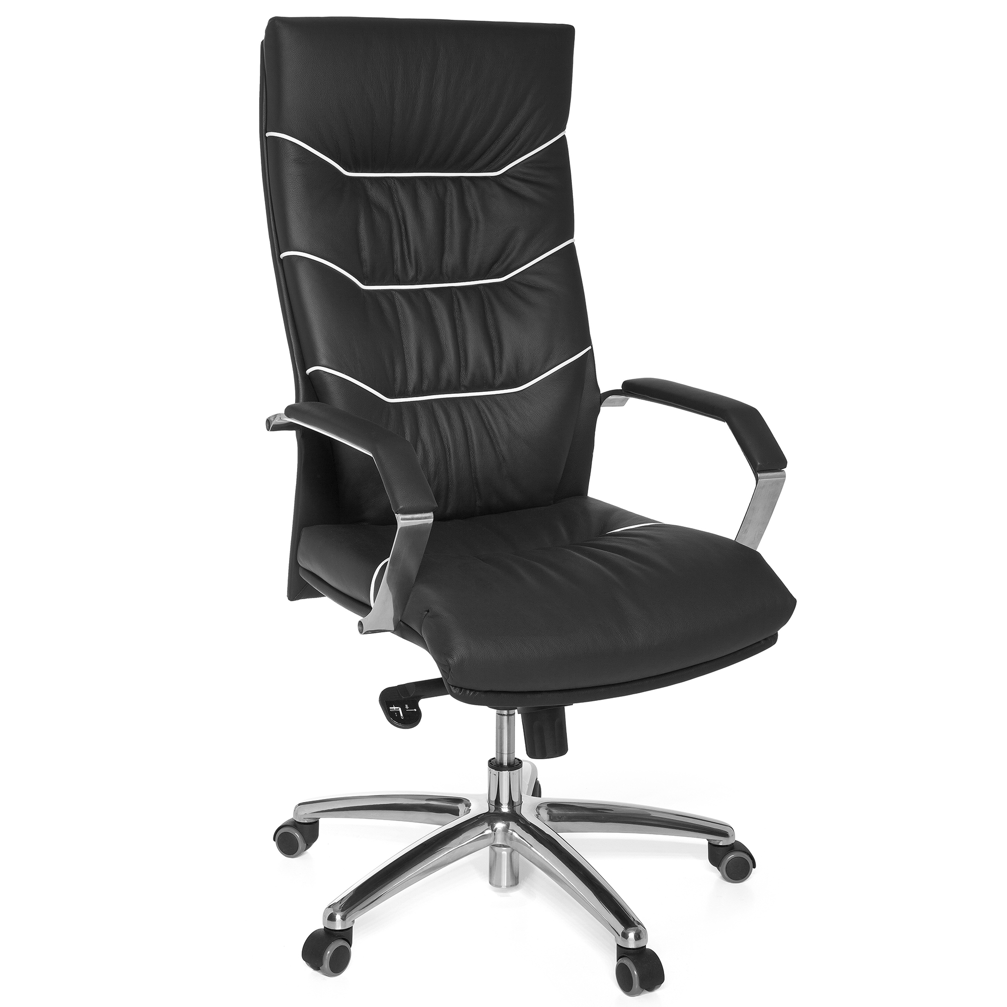 Poltrona da ufficio XXL in vera pelle nera | Schienale alto, poggiatesta | Dimensioni 60x55x118-126 cm