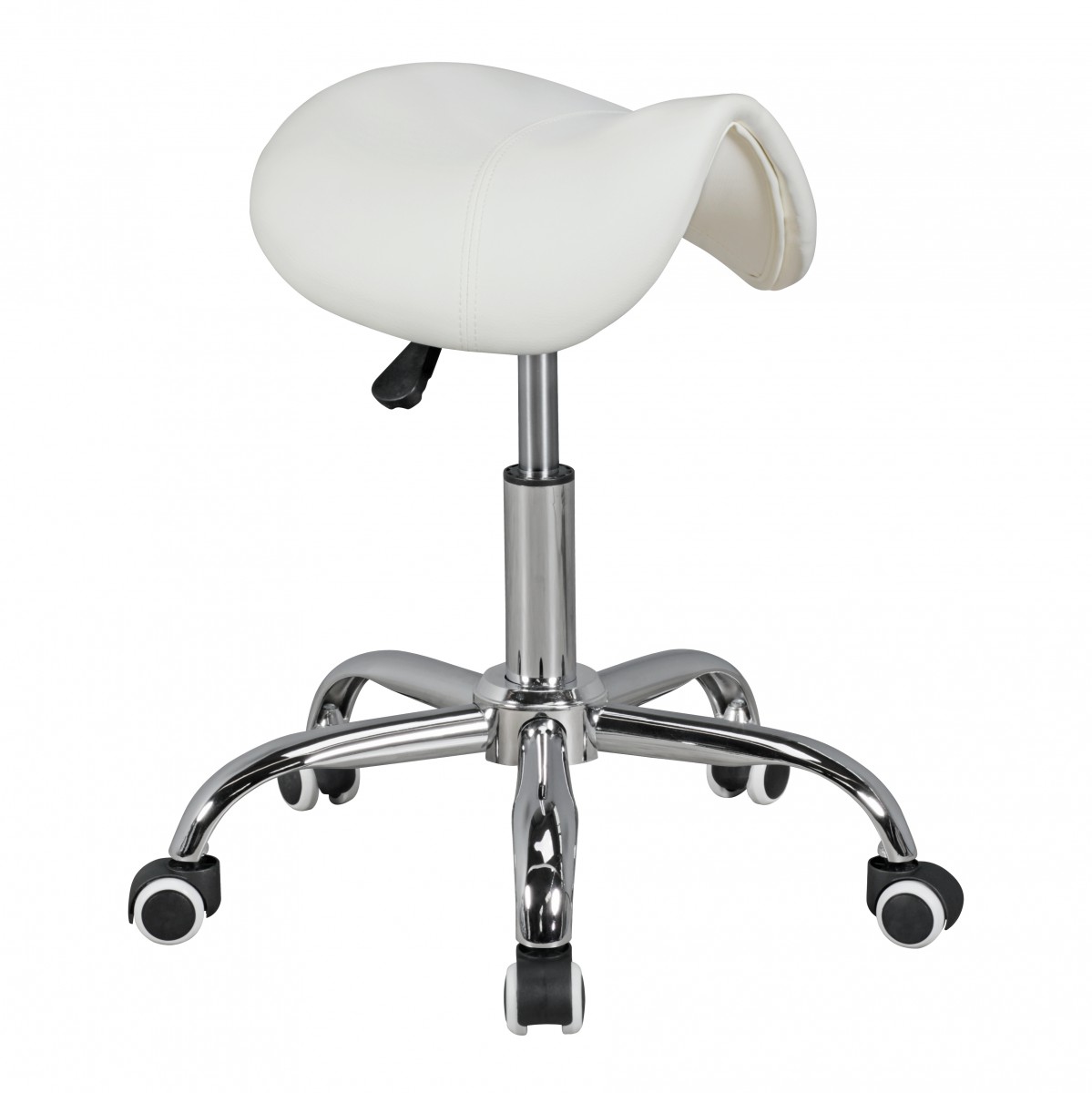 Sgabello a sella MENTON bianco con rivestimento in ecopelle | Regolabile in altezza 48-60 cm | Seduta 38x35 cm