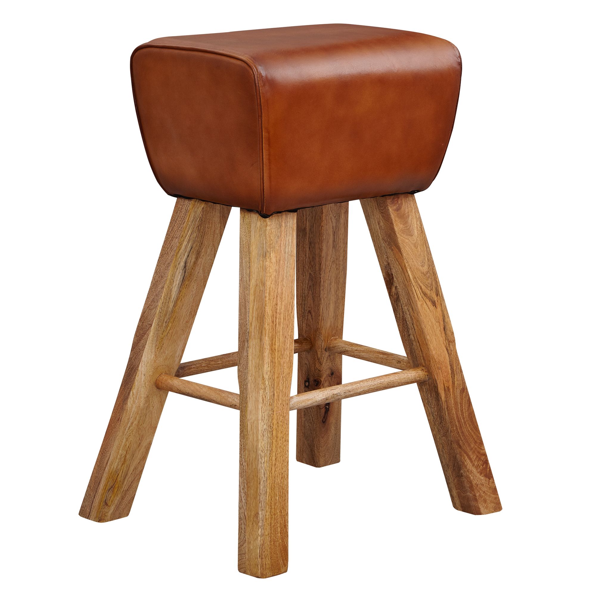 Sgabello da bar Country in legno di mango e pelle marrone | 43x75x43 cm