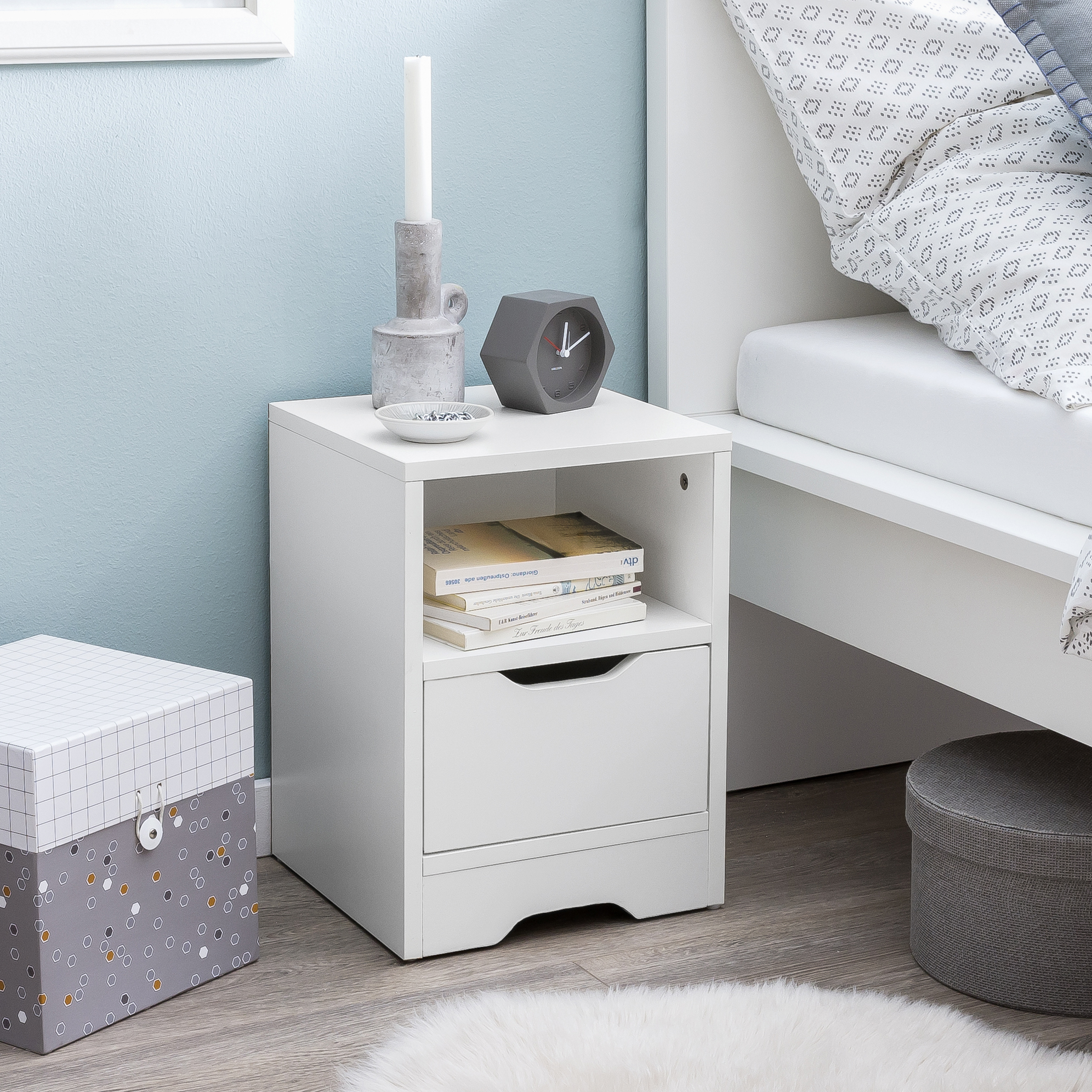 Comodino bianco opaco 31x43x31 cm | 1 cassetto e vano portaoggetti | Tavolino moderno