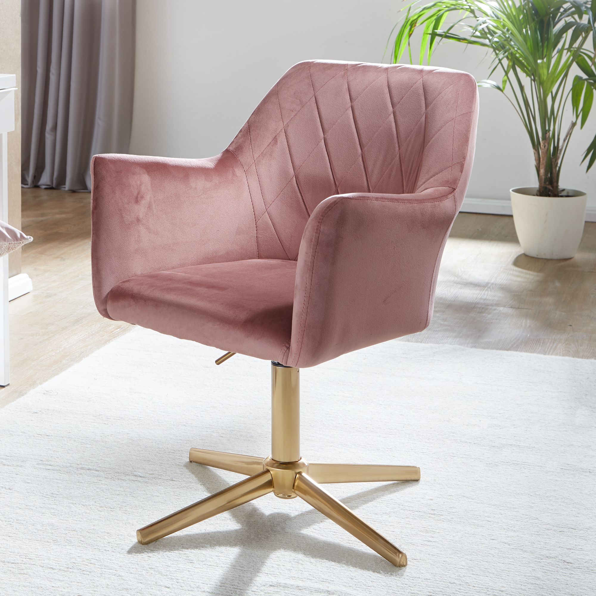 Sedia da ufficio in velluto rosa con braccioli | Metallo dorato | Altezza regolabile 80-97 cm