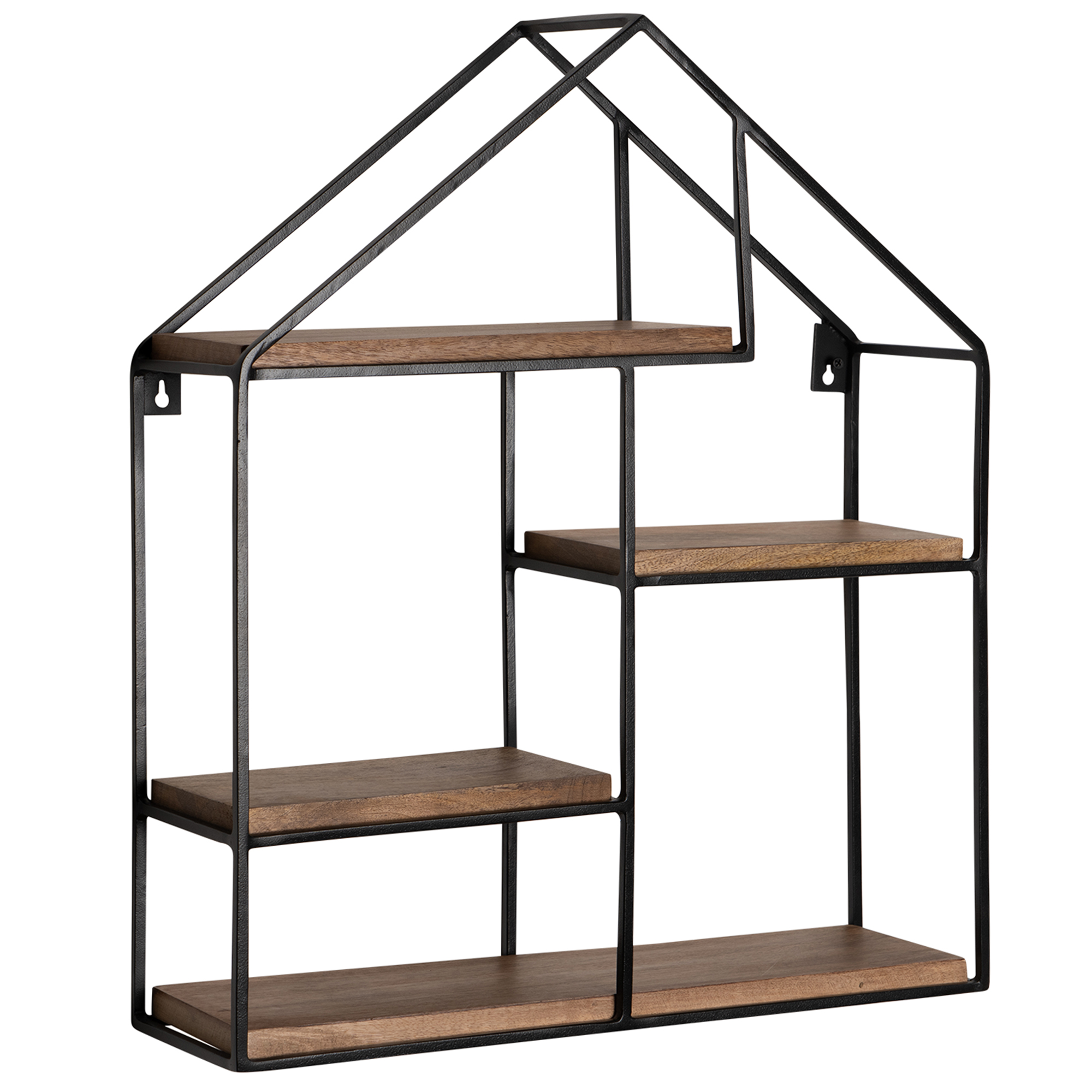 Mensola a Parete Forma Casa 50x60x14 cm | Legno Massello di Mango | Metallo Nero