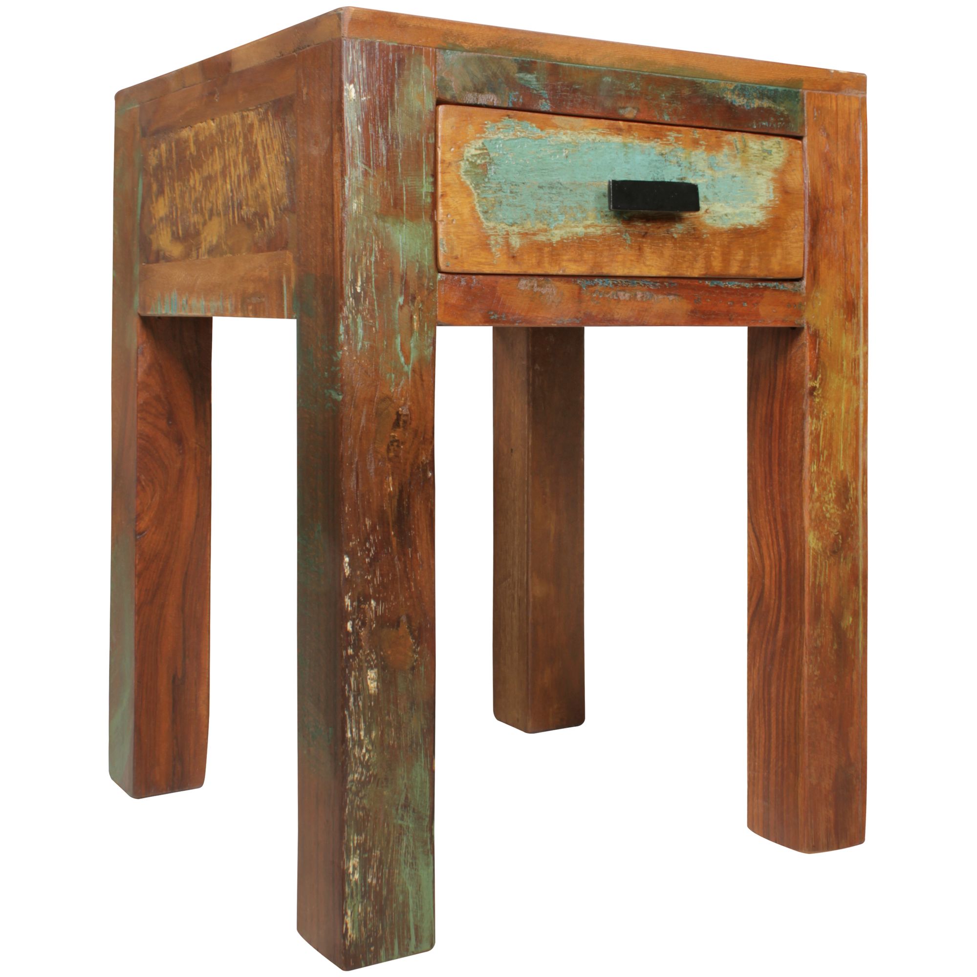 Comodino in legno massello di mango marrone 40 x 40 x 55 cm con cassetto | Design shabby chic