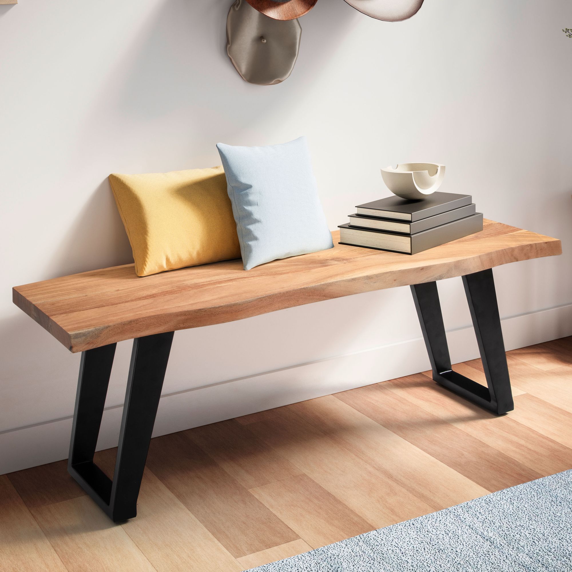 Panca guardaroba 120x40x45,5 cm legno massello di acacia / metallo con bordo albero, panca da ingresso panca in legno massiccio senza schienale, panca da ingresso moderna zona ingresso piccole gambe a u nere
