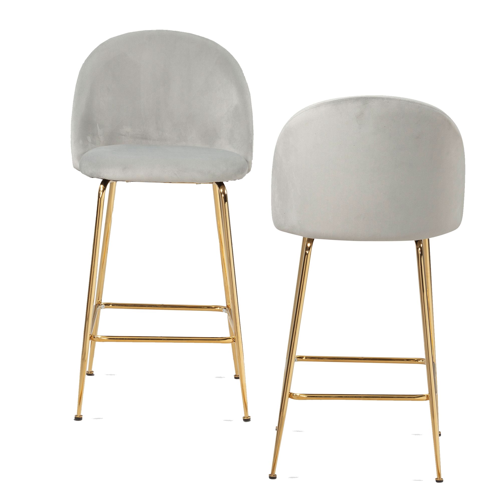 Set di 2 Sgabelli da Bar in Velluto Grigio | Gambe in Metallo Dorato | 50x50x102 cm