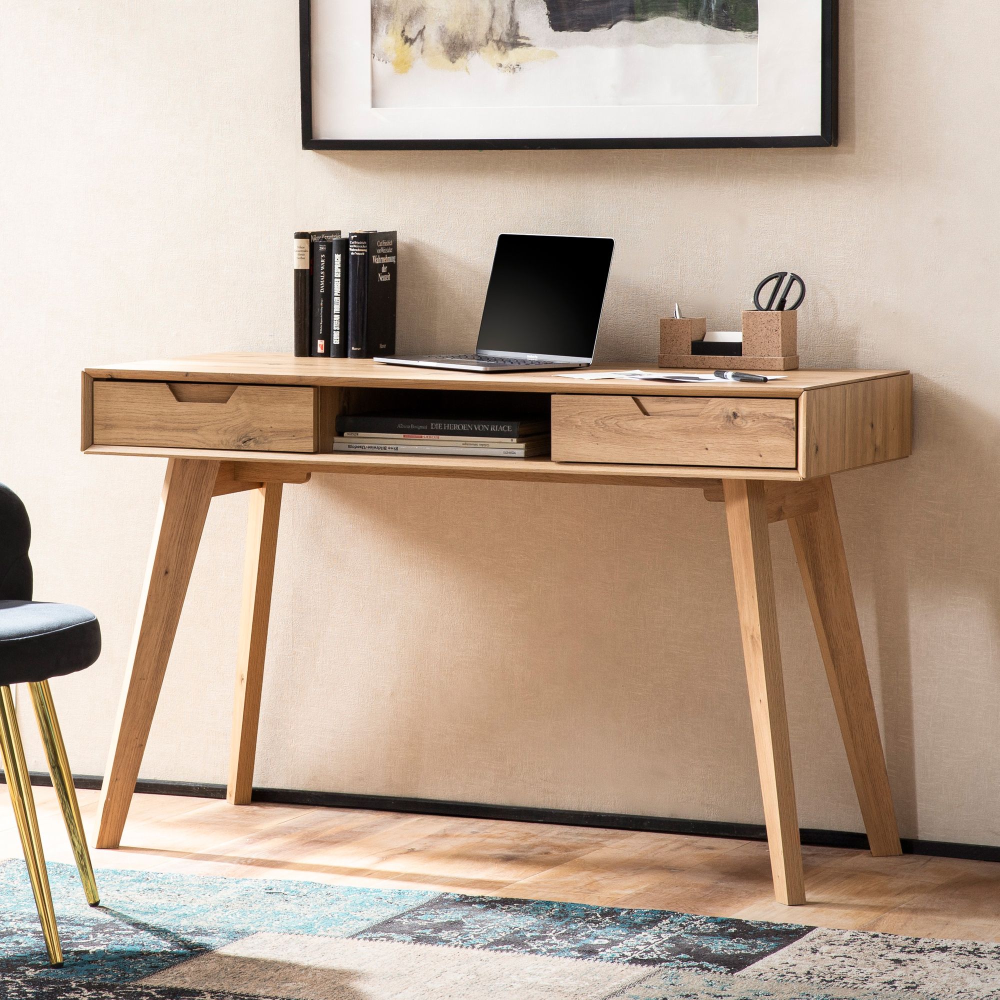 Scrivania design scandinavo | Corpo MDF effetto rovere | 120x55x77 cm | Gambe in rovere massiccio