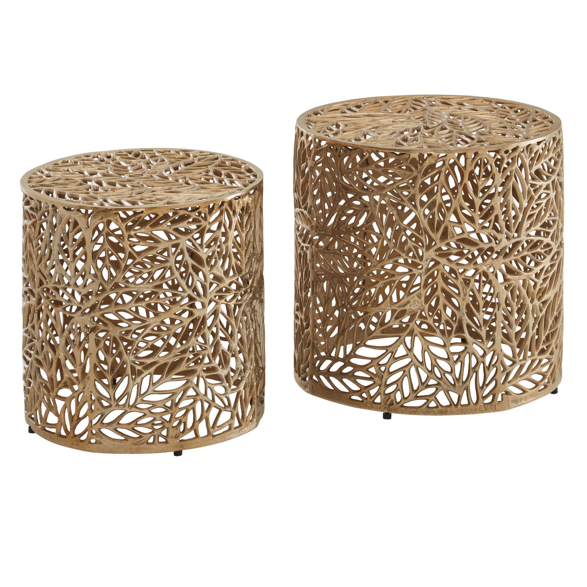 Set 2 tavolini in alluminio dorato | Motivo floreale | 41x41x42 cm e 36x36x38 cm