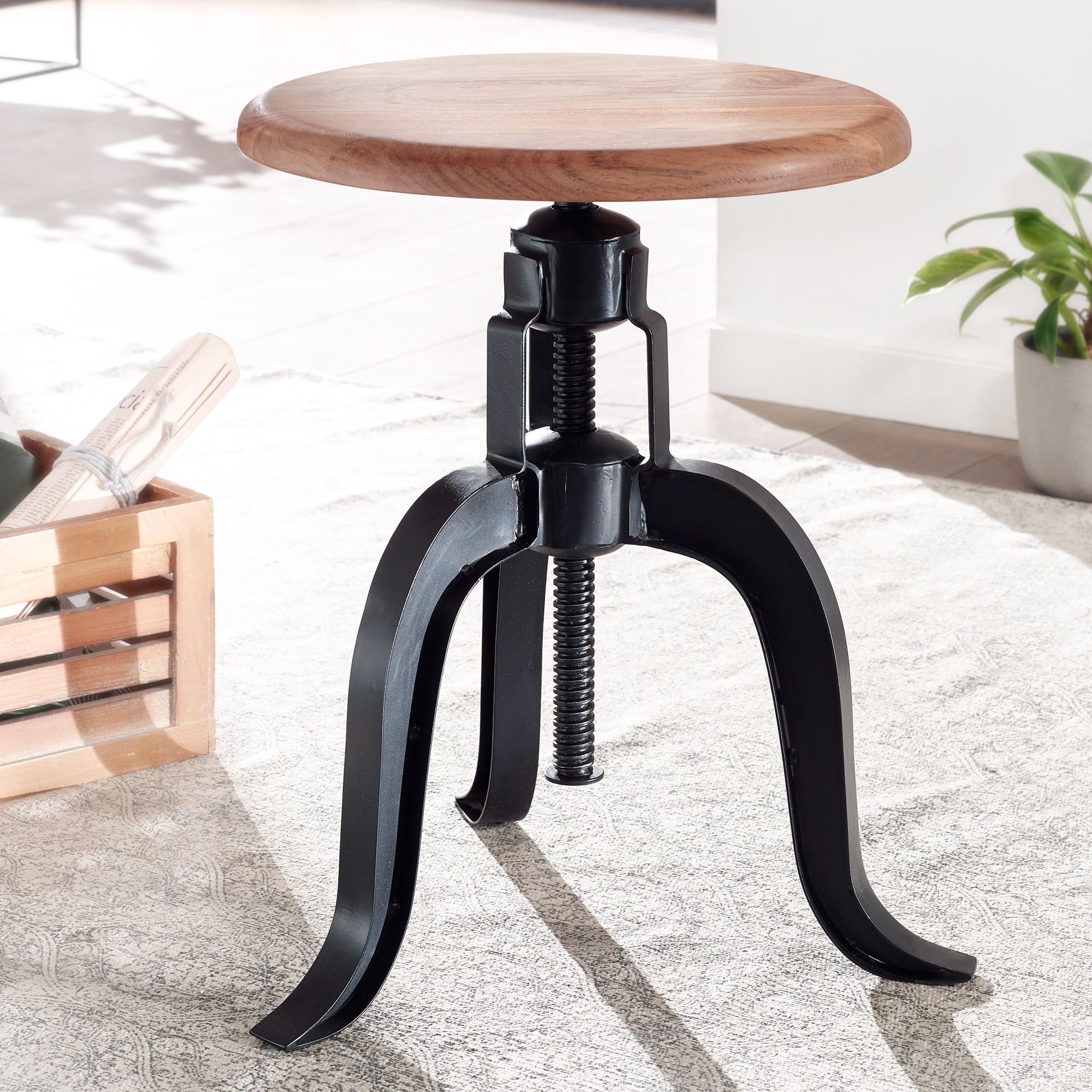 Sgabello girevole 39x62,5x39 cm legno massello di acacia / metallo nero | Design industrial regolabile in altezza | Sgabello bar piccolo
