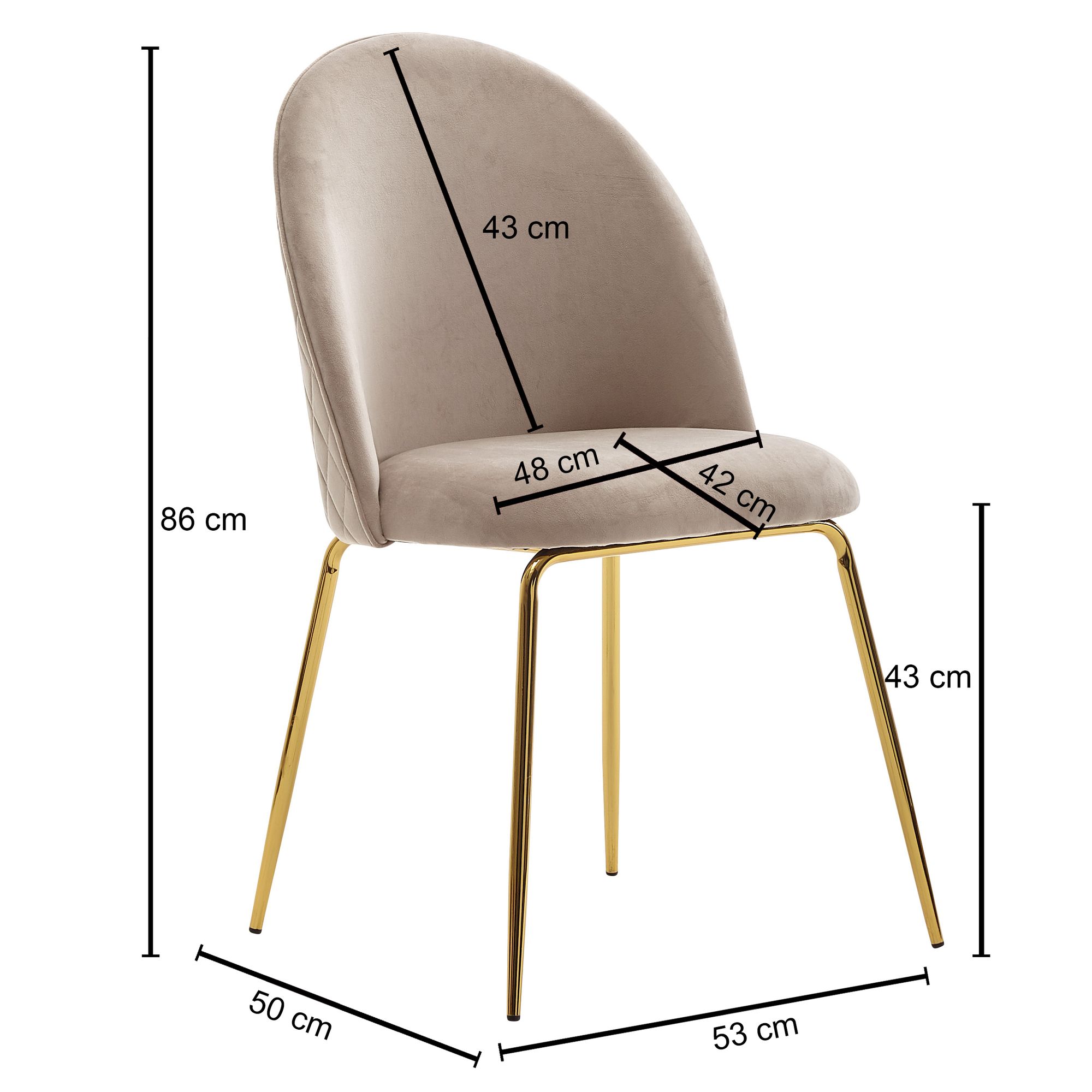 Sedia da pranzo scandinava velluto beige tessuto | Set da 2 | Gambe in metallo dorato | 53x50x86 cm