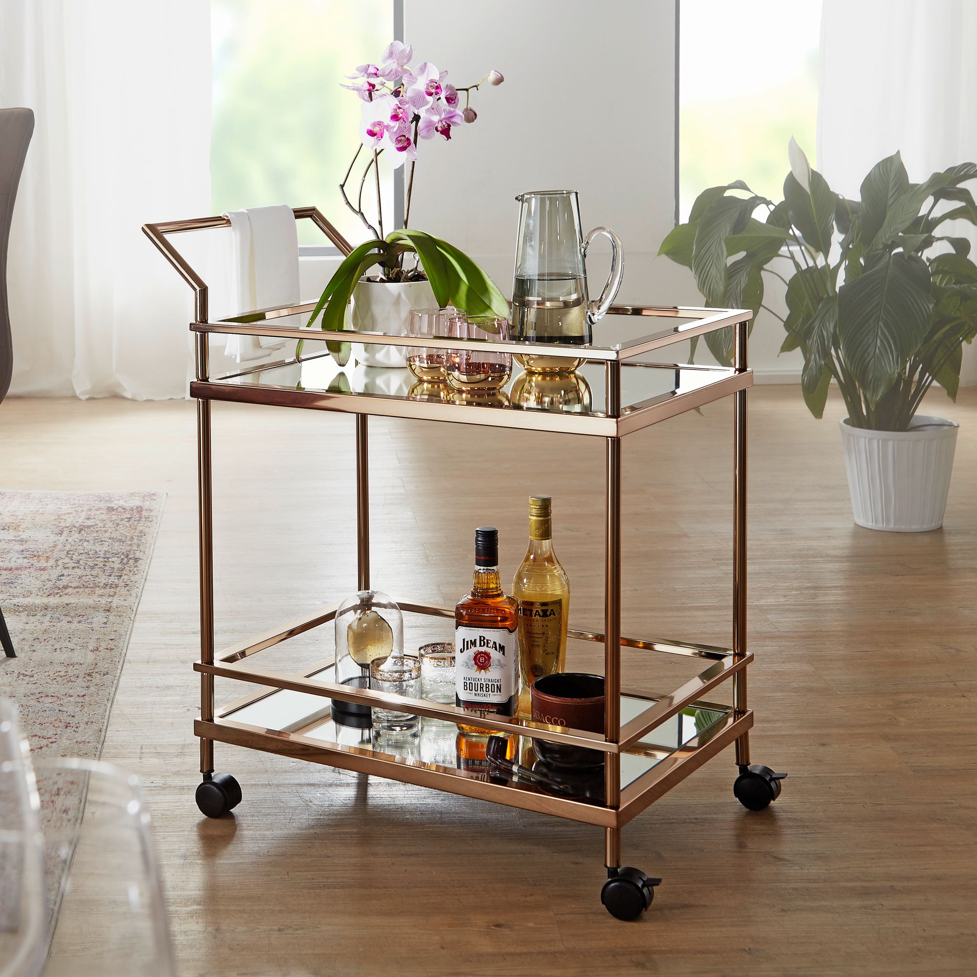 Carrello da servizio design oro scuro 2 livelli | 65,5x84x45 cm | Vetro specchiato & acciaio