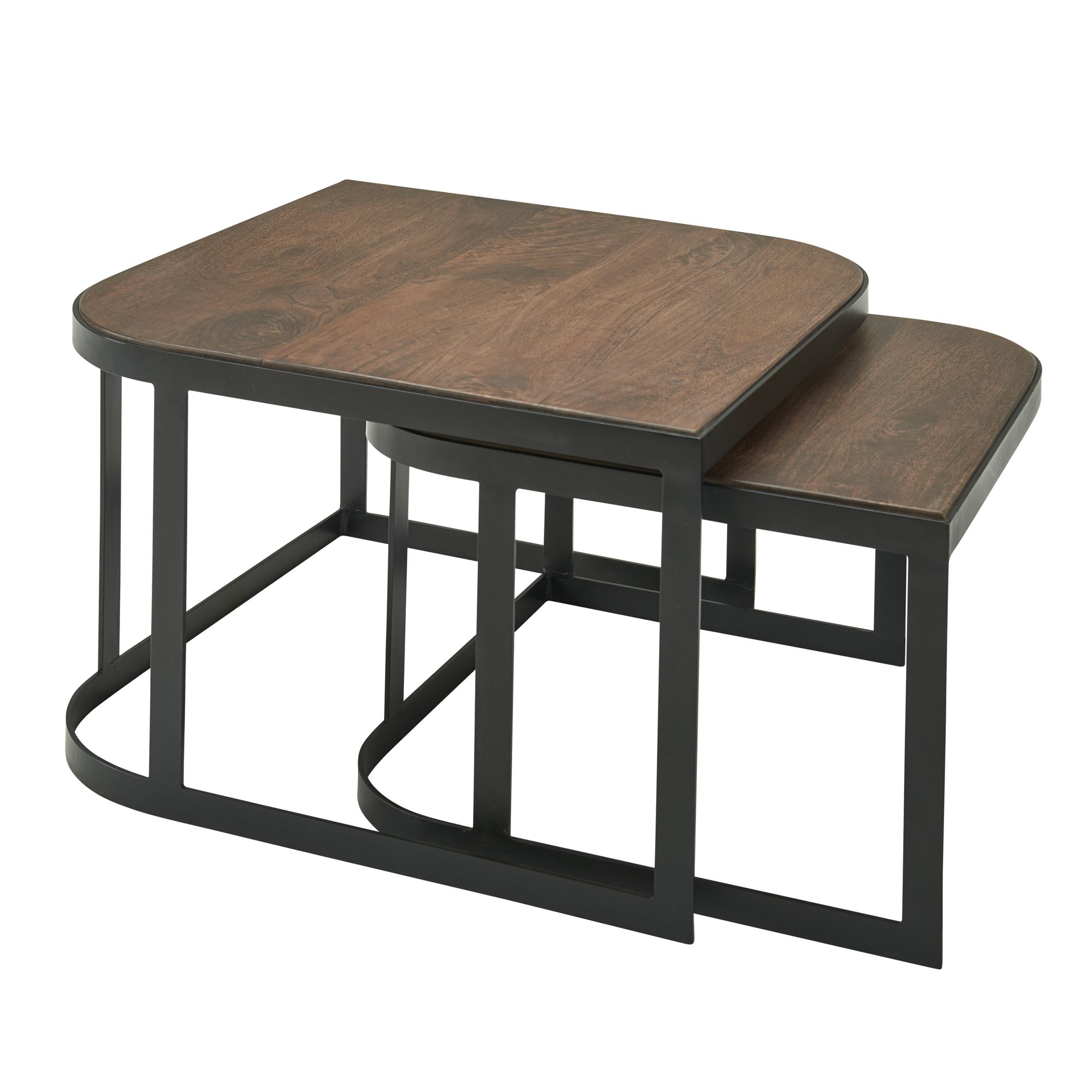 Set 2 Tavolini in Legno Massello di Mango / Metallo Nero | Piano Marrone Scuro | Dimensioni 60x40x60 cm & 50x35x50 cm