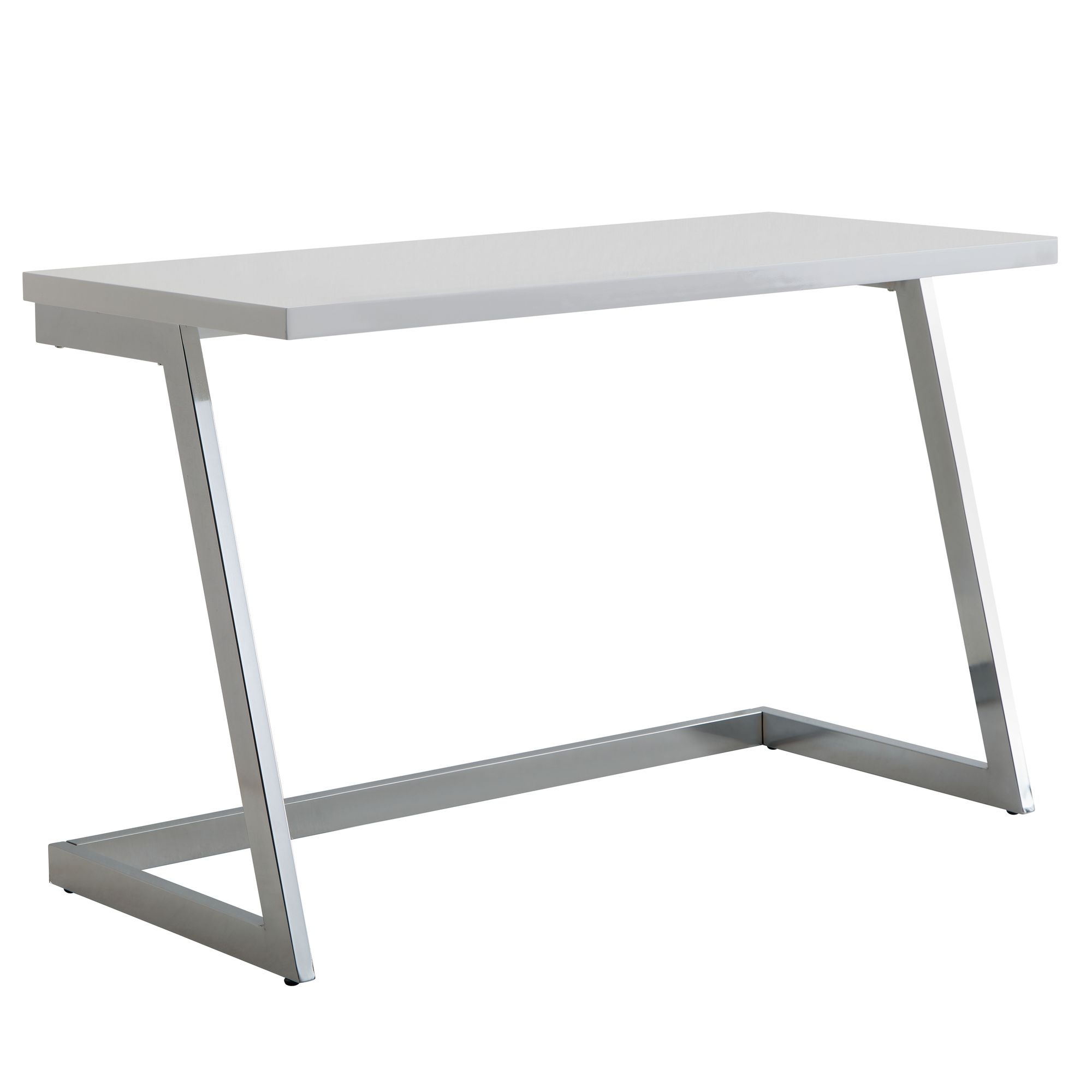 Scrivania bianco lucido / argento | 120x55x76 cm | Piano MDF verniciato e gambe metalliche cromate