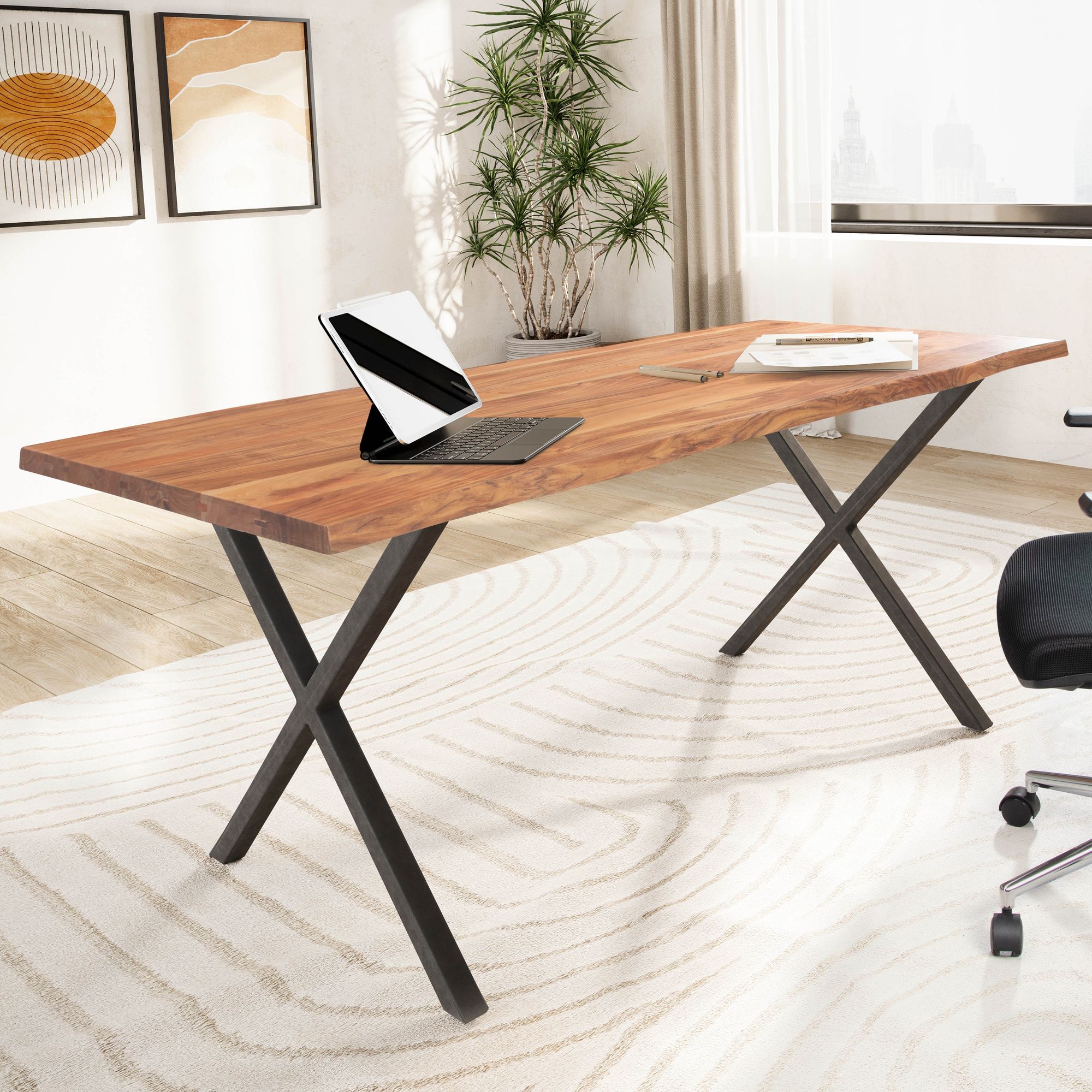 Scrivania in legno massello di acacia con gambe in metallo nero | Colore legno dorato chiaro | 120x60x76 cm