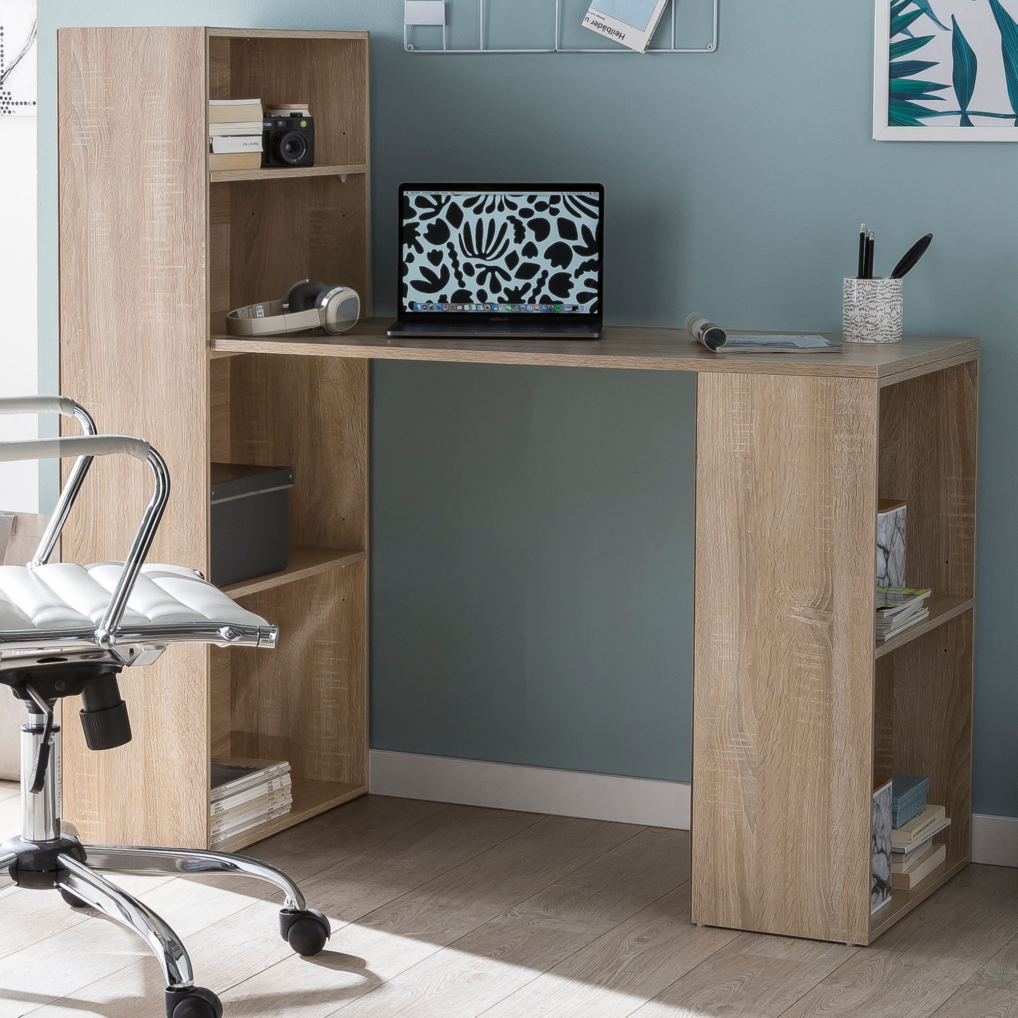 Scrivania con mensola in truciolato Sonoma | 120 x 120 x 53 cm | Design moderno