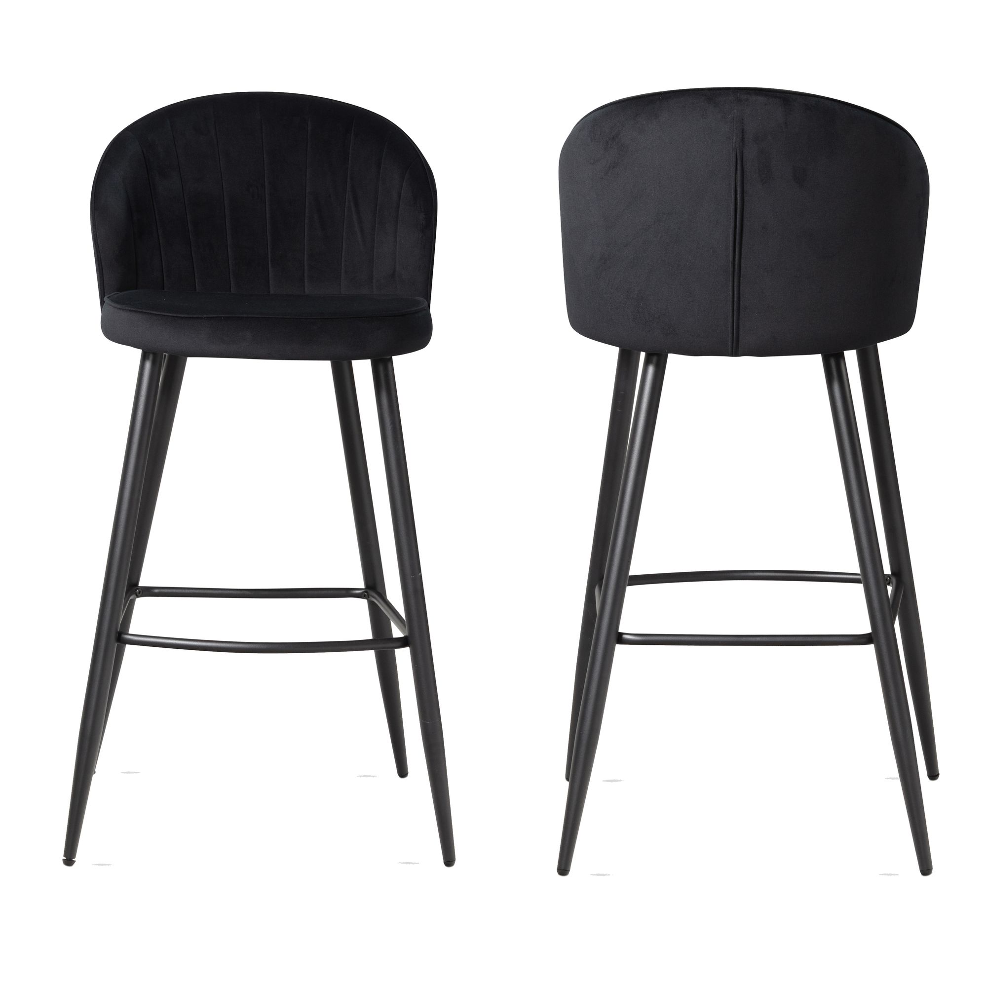 Set 2 sgabelli da bar velluto nero con schienale | Gambe nere | 56x102,5x52,5 cm
