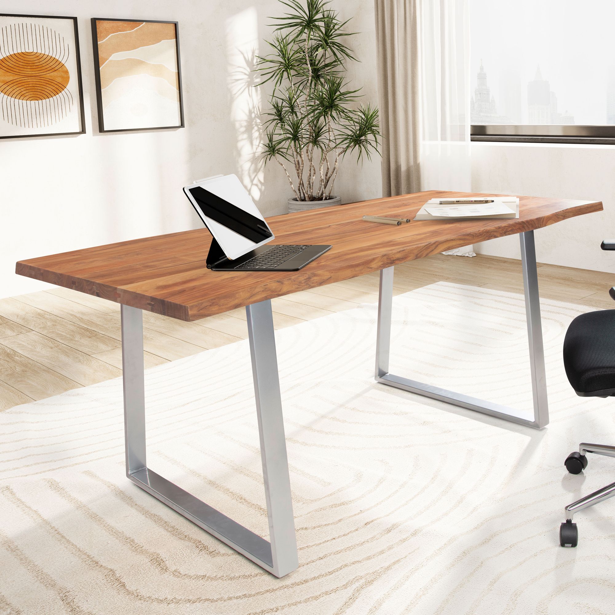 Scrivania 120x60x76 cm | Legno massello di Acacia | Bordo naturale dorato con gambe cromate