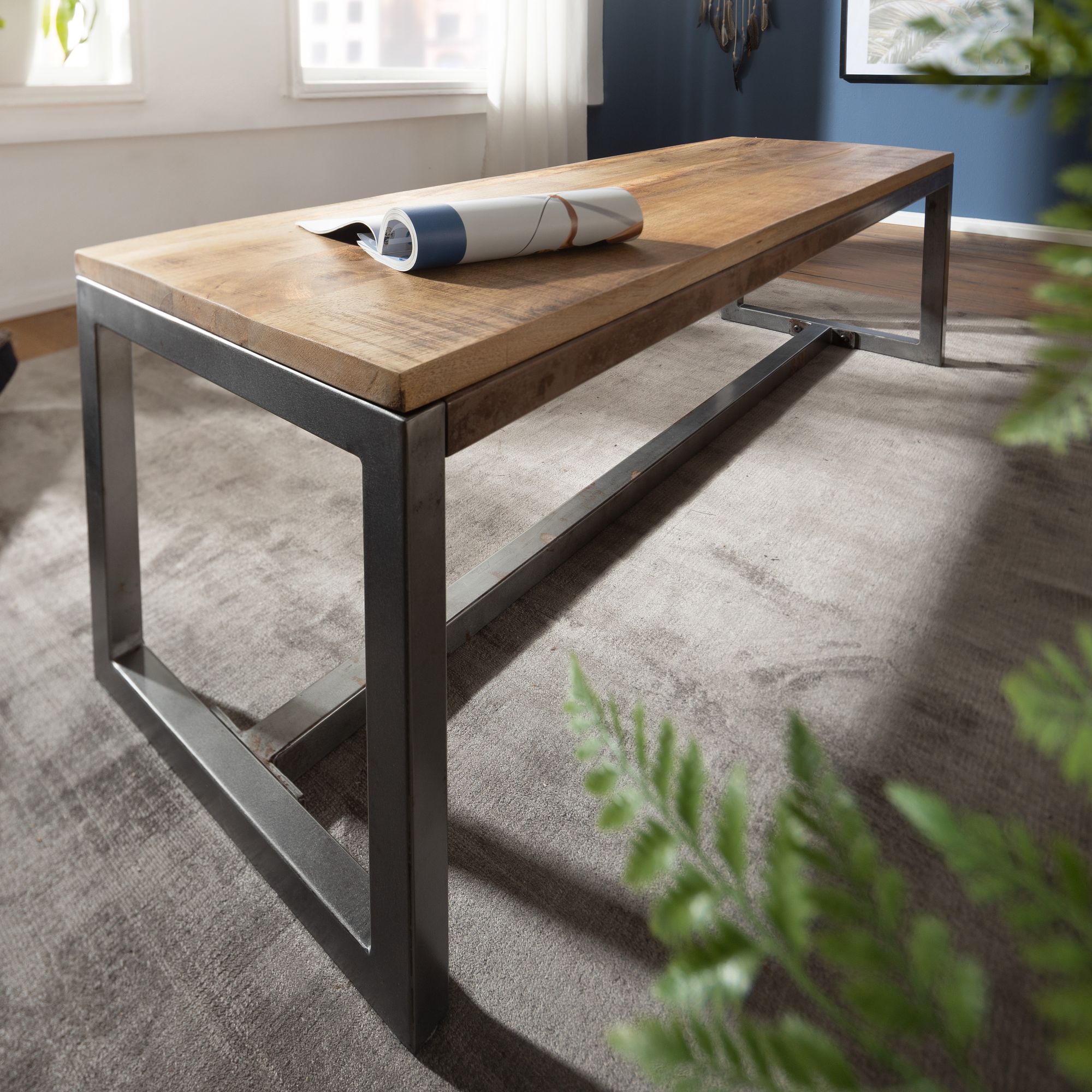 Panca da pranzo 120x46x45 cm in legno massello di mango e metallo | Stile vintage