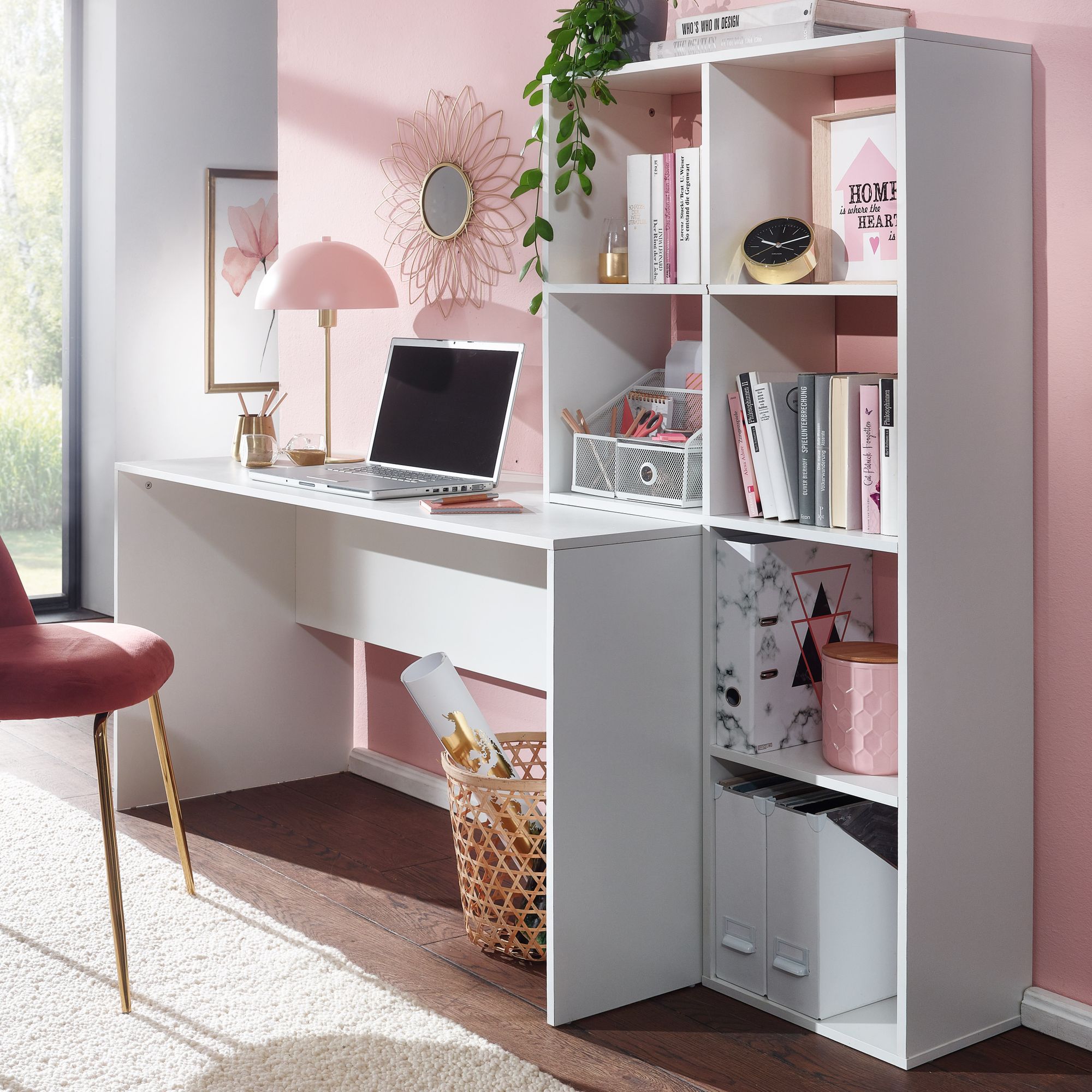Scrivania bianca con scaffale in pannello melaminico | 170x59x143,5 cm | Scrivania moderna con 6 scomparti