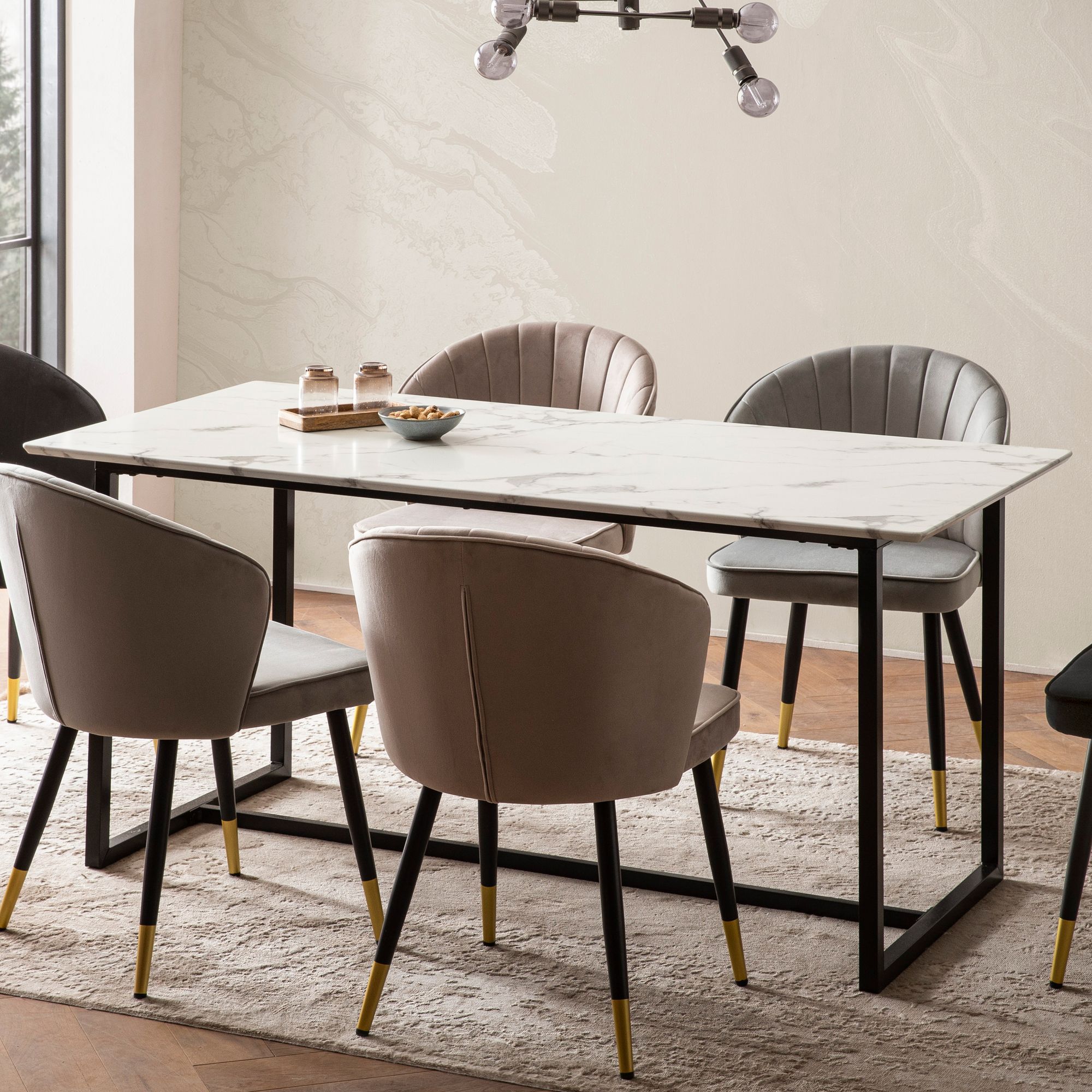 Tavolo da pranzo 120x60x76 cm | Piano bianco effetto marmo | Struttura metallica nera
