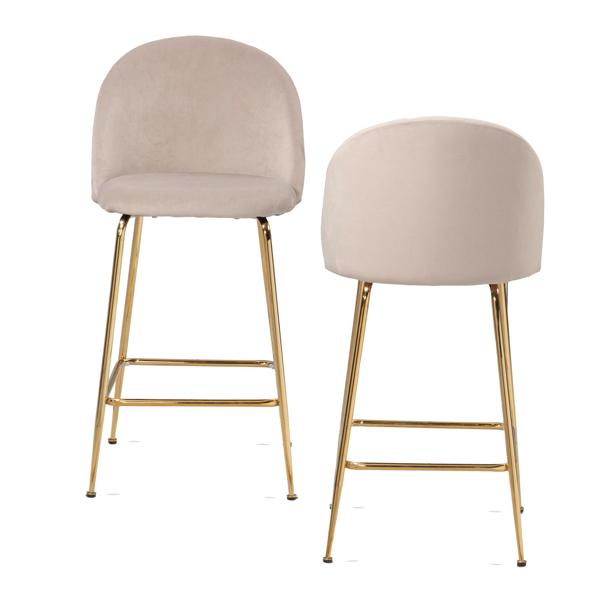 Set di 2 Sgabelli da Bar in Velluto Beige | Gambe in Metallo Dorato | 50x50x102 cm