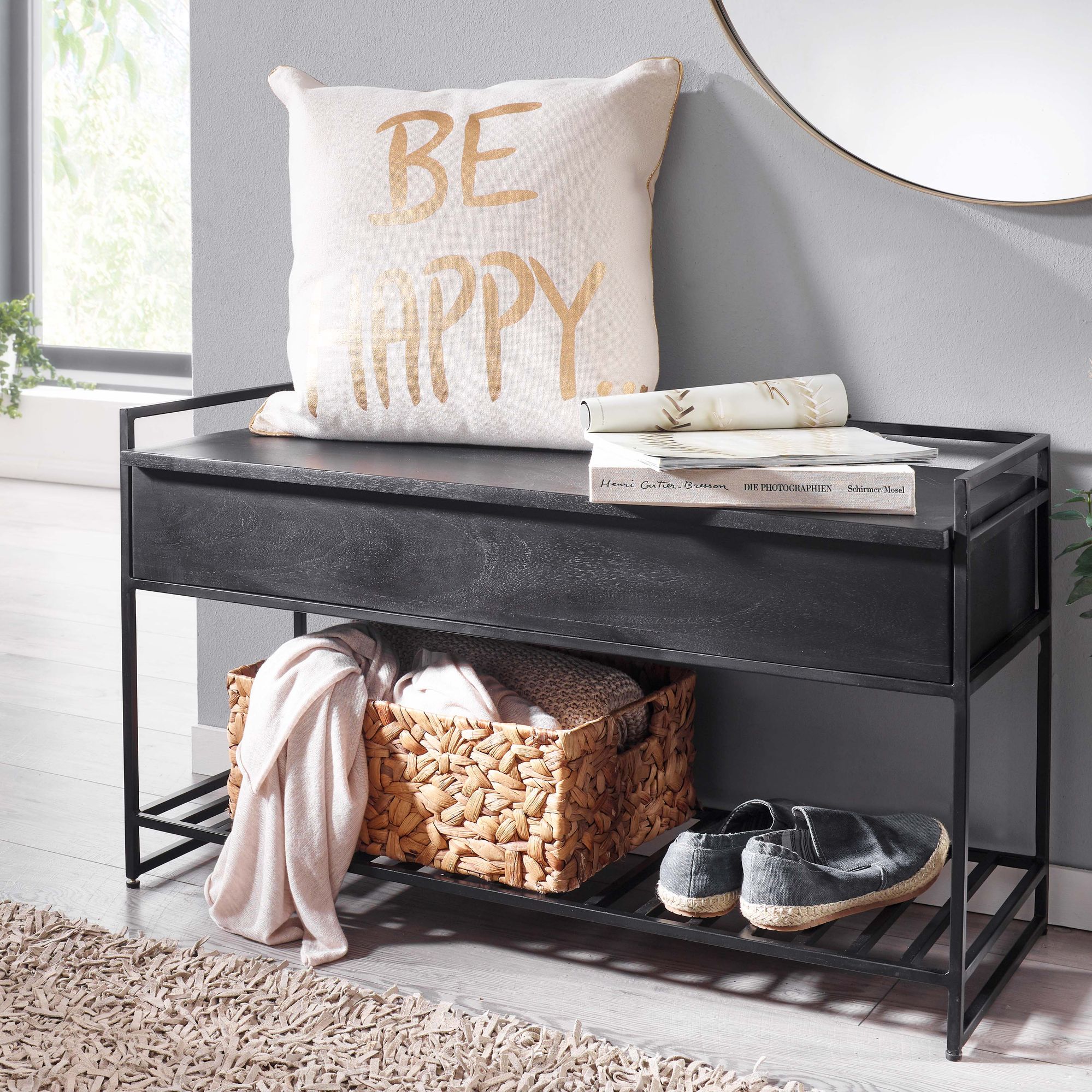 Panca con contenitore in legno massello di mango verniciato nero e metallo | Nero | 90x52x38 cm