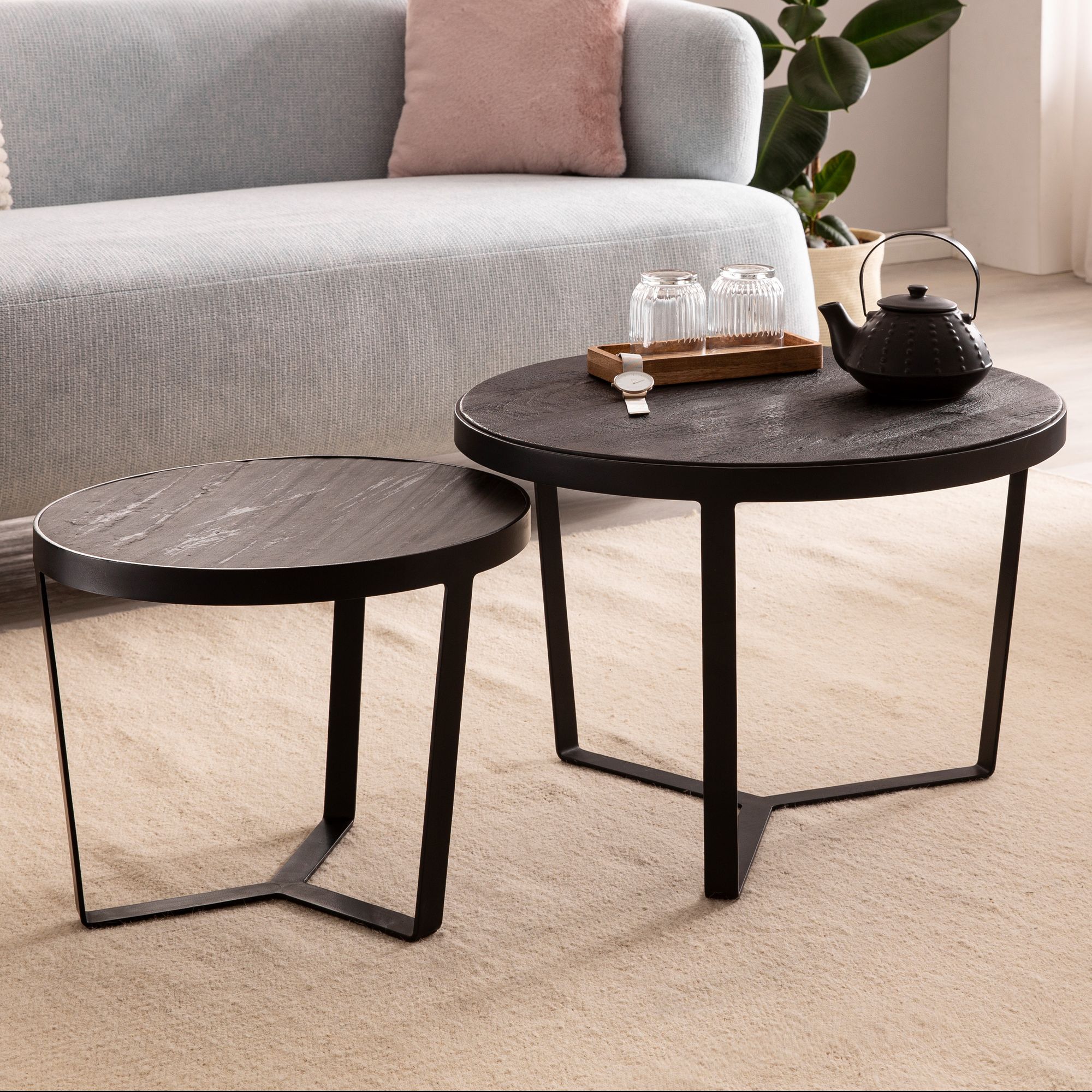 Set 2 Tavolini in Legno Massello di Acacia Nero / Effetto Pietra Antracite | 60x60x40 cm & 44x44x35 cm