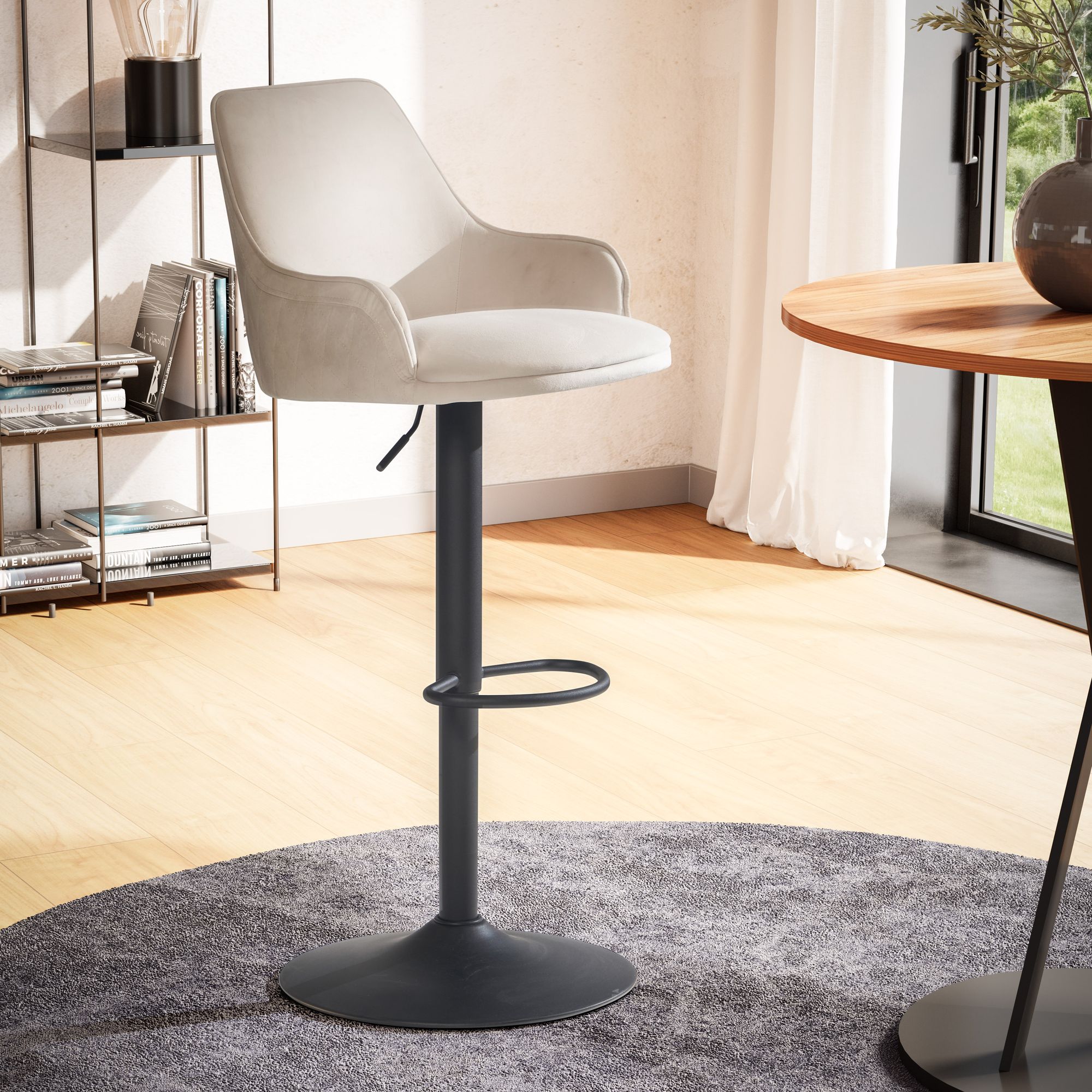 Sgabello da bar in velluto beige | Base nera in metallo a trombetta | Altezza regolabile 86-106 cm