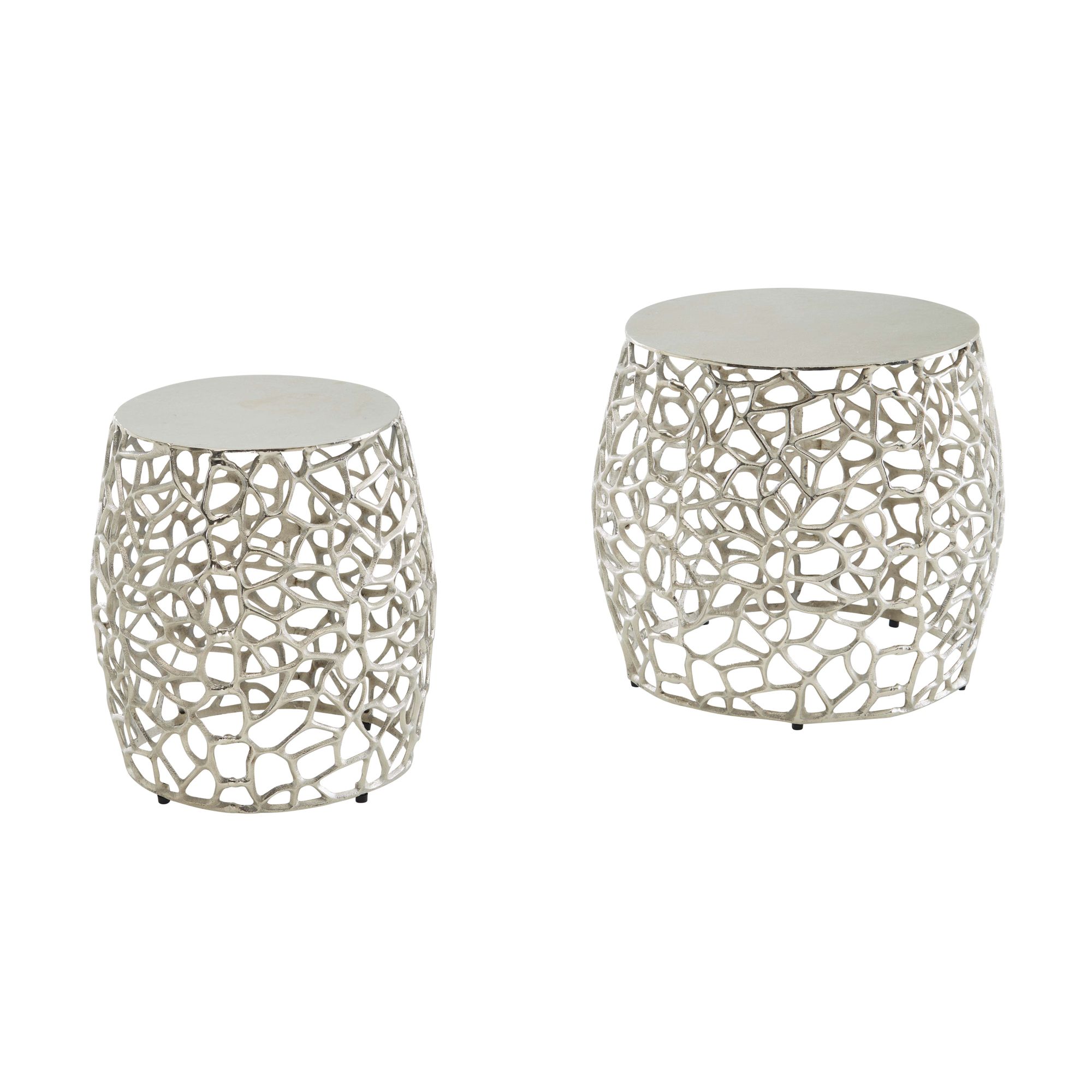 Set 2 tavolini laterali in alluminio argento | Design moderno con struttura a ramo | Dimensioni 46x46x42 cm e 36x36x39 cm