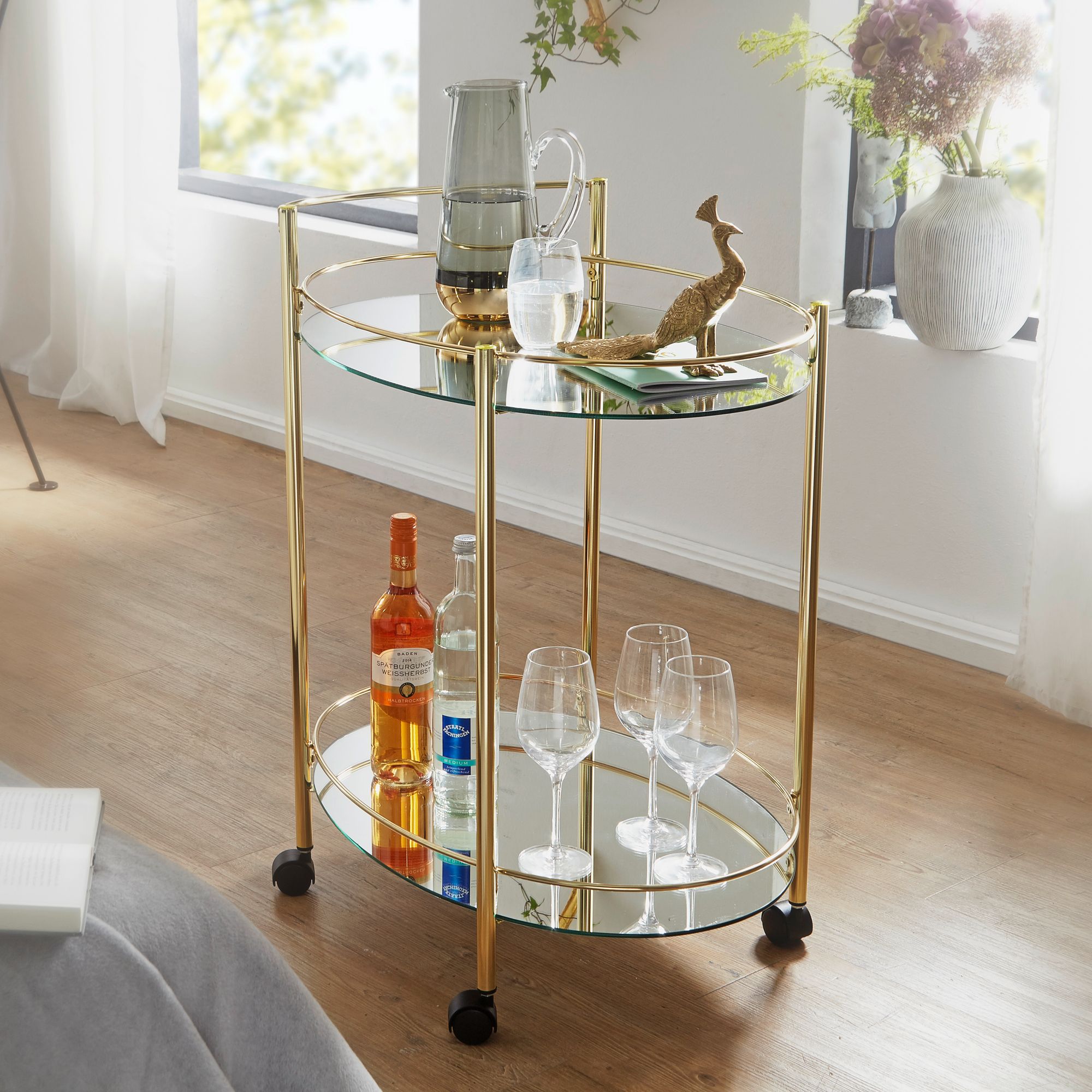 Carrello portavivande design oro | Ripiano in vetro bianco | 67x79x46 cm