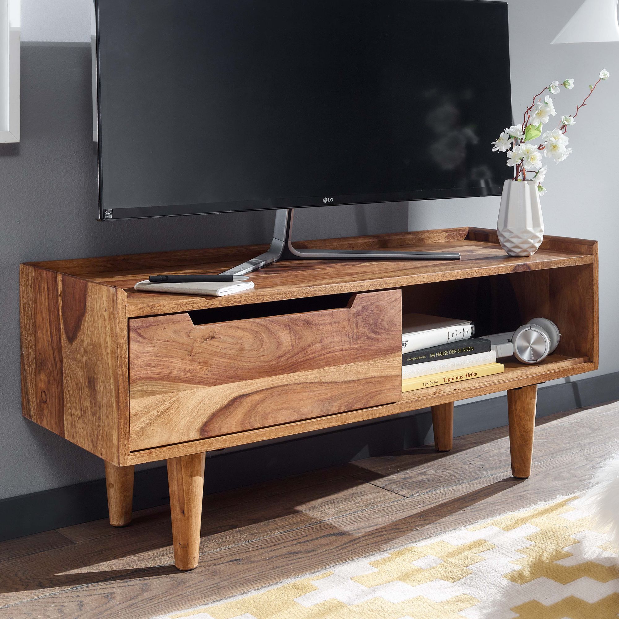 Lowboard Sheesham Legno Massello Marrone | 95x44x34 cm | Mobile TV con Porta Scorrevole