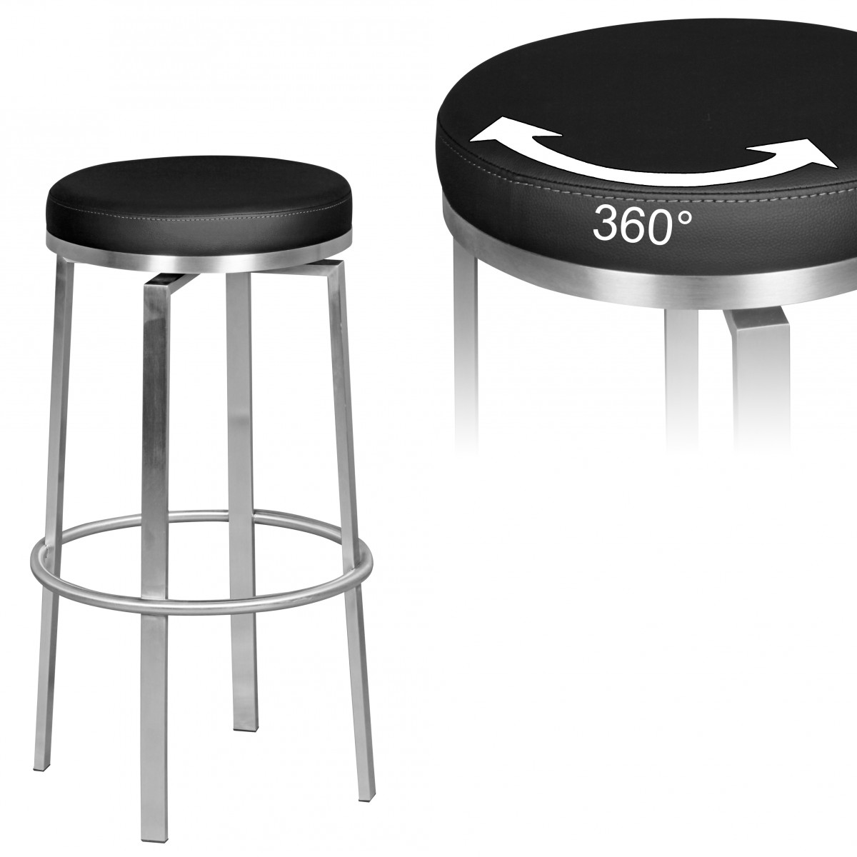 Sgabello Bar Nero | Acciaio Inox, 42x76x42 cm | Sedia Girevole 360° Design Moderno