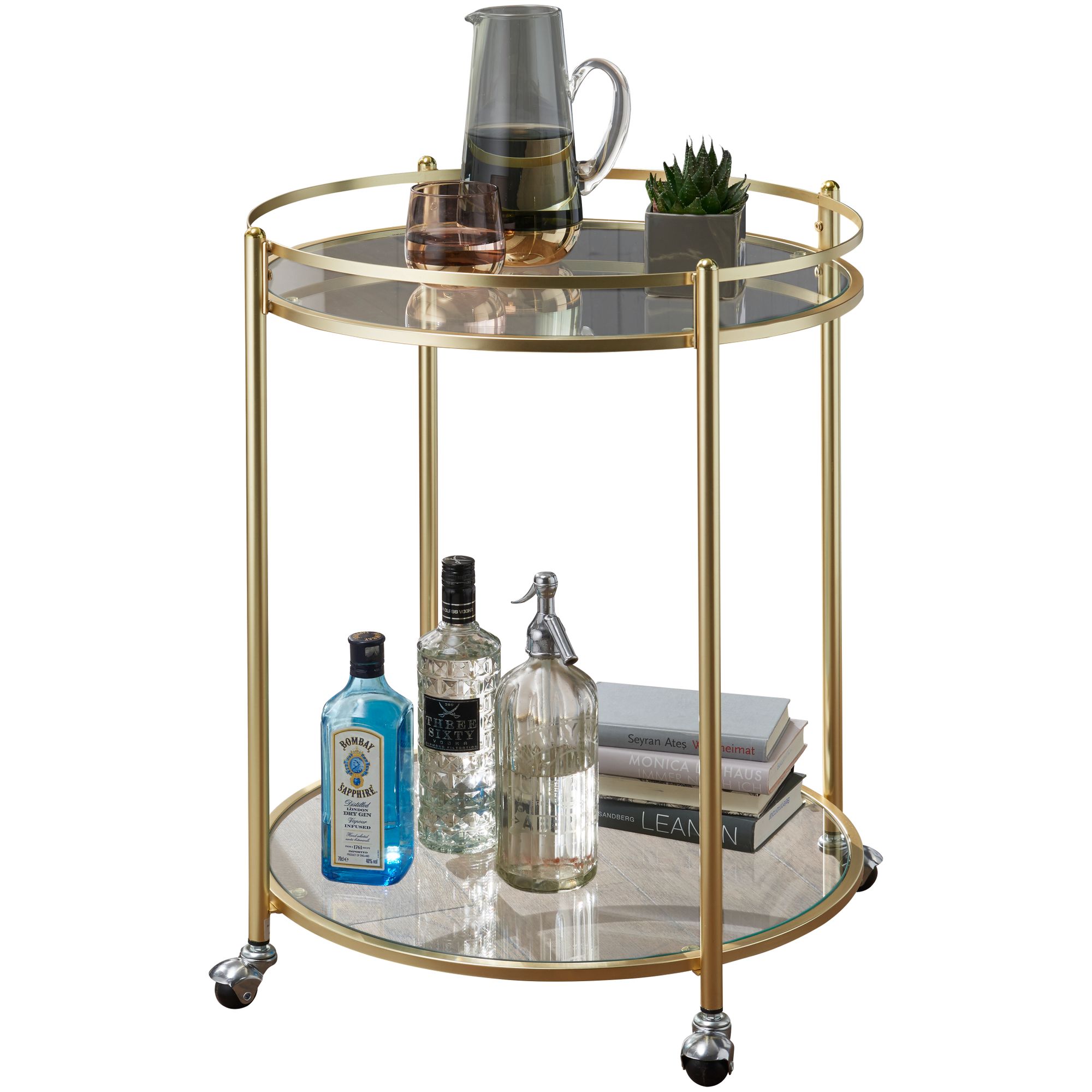 Carrello di servizio in metallo dorato | Ripiani in vetro trasparente | Ø 57 cm x H 75 cm