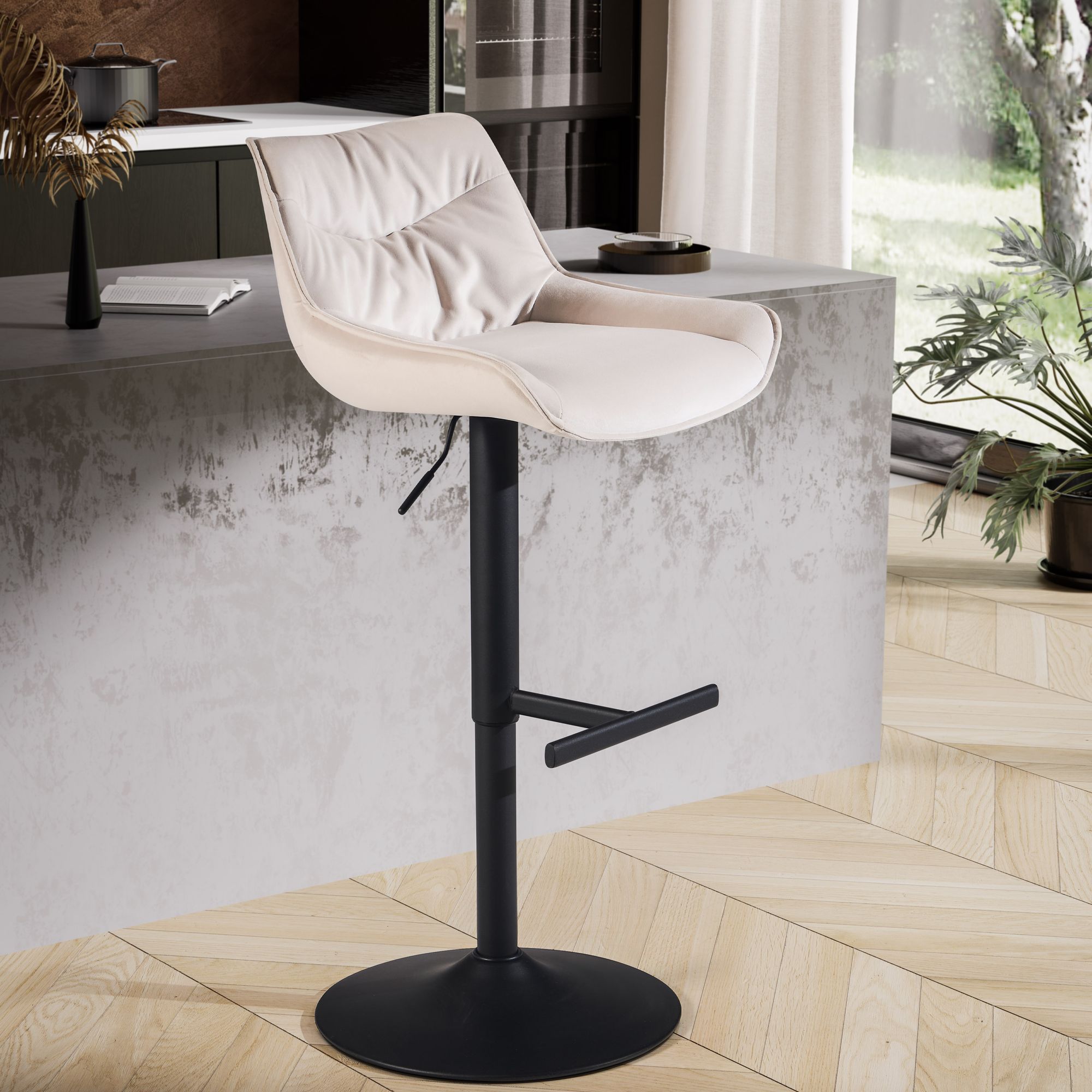 Sgabello Bar Velluto Beige | Sgabello con Schienale | Altezza Regolabile 86 - 106 cm