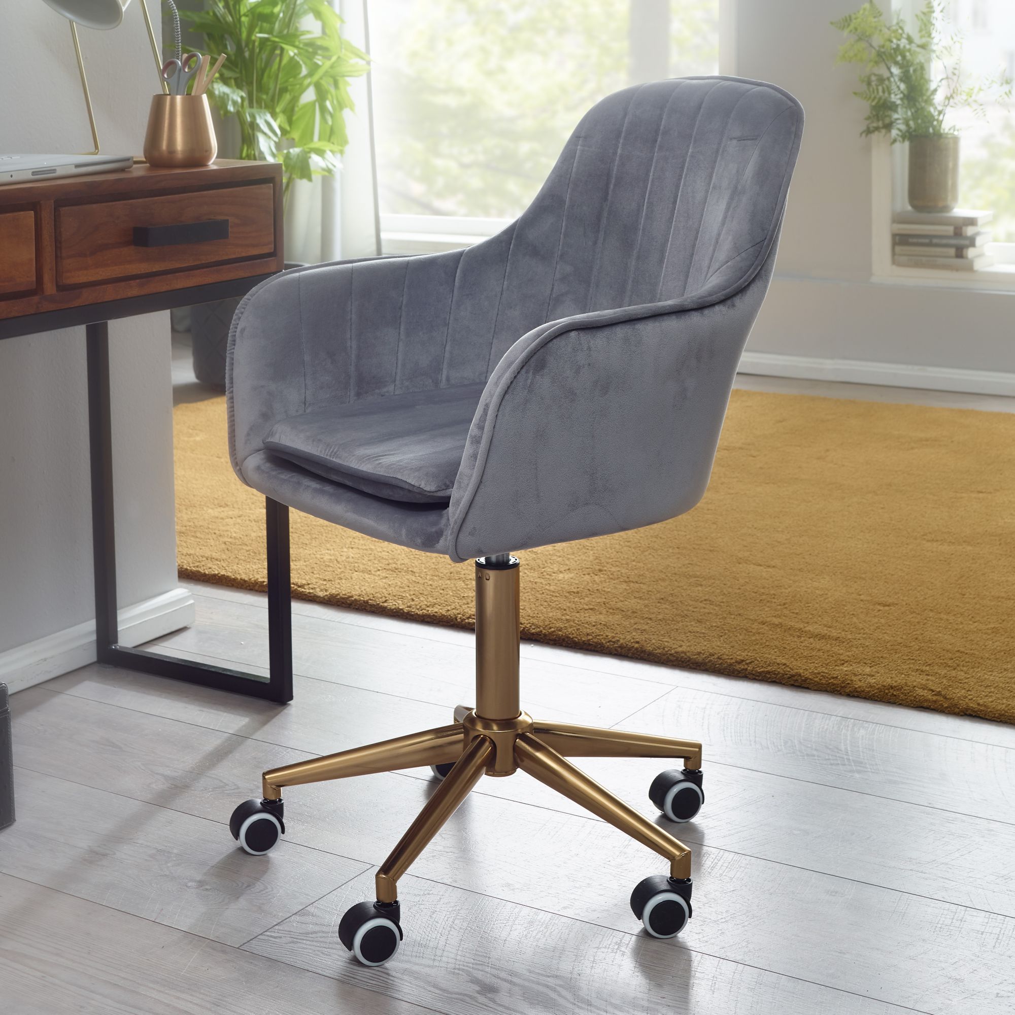 Sedia da ufficio in velluto grigio | 54x42x85-105 cm | Altezza regolabile fino a 120 kg