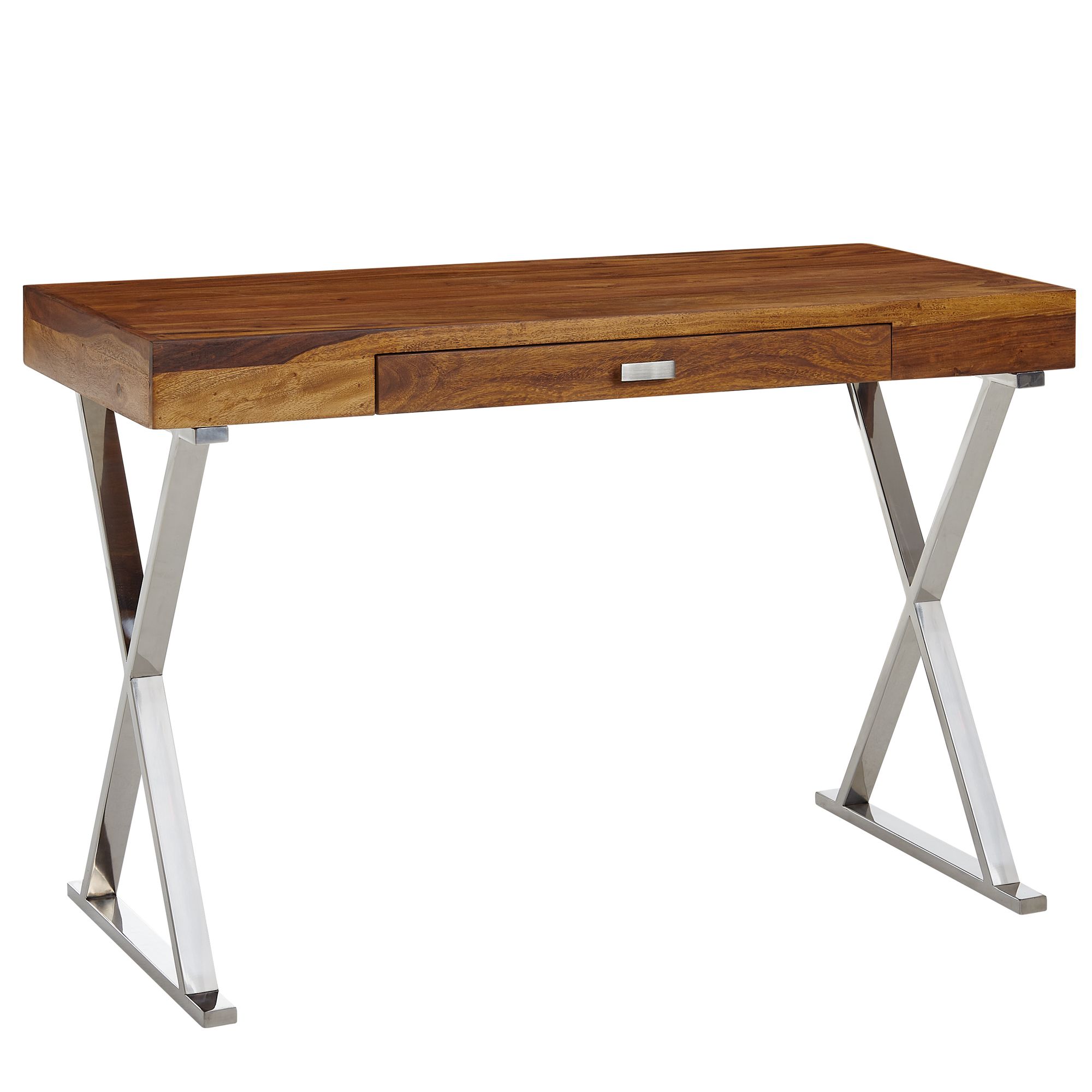 Scrivania 120x55x78 cm | Legno massello Sheesham & metallo cromato | Design moderno con cassetto | Marrone scuro & Cromo