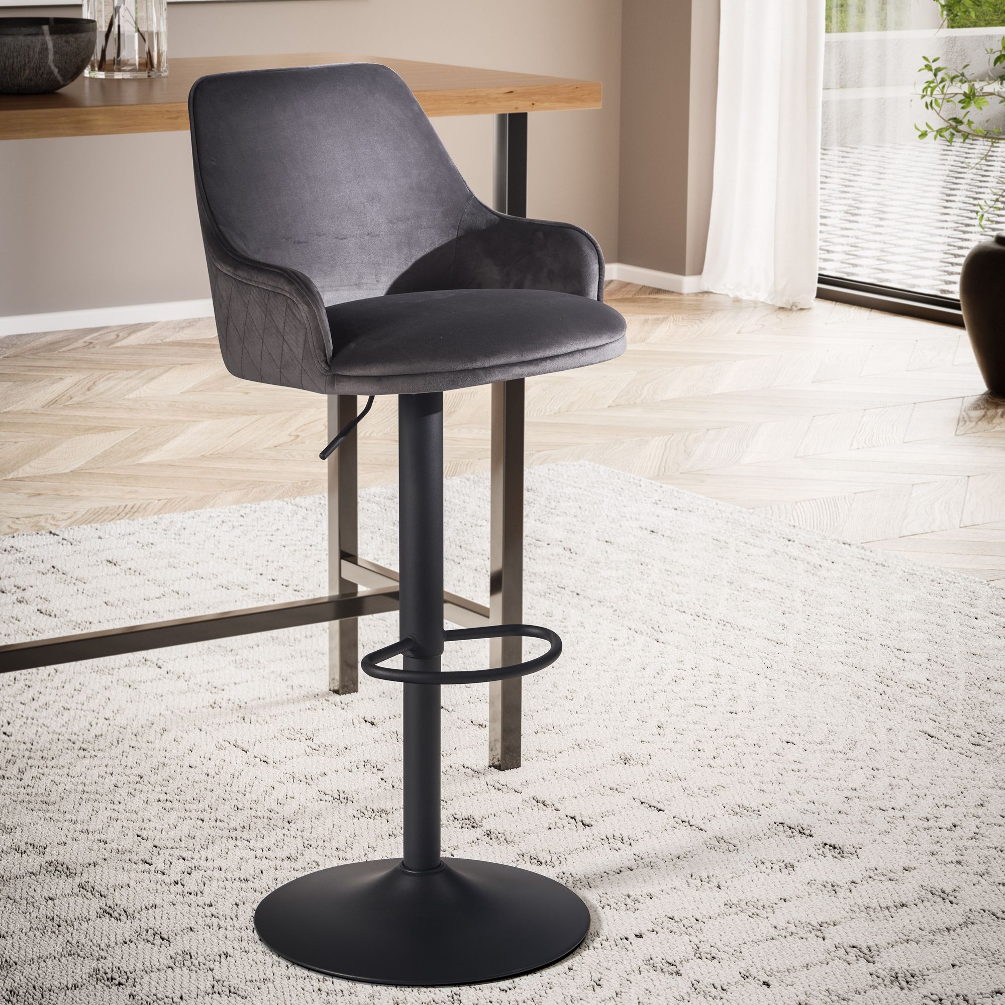 Sgabello Bar Velluto Grigio | Sgabello con Schienale e Braccioli | Altezza Regolabile 86 - 106 cm