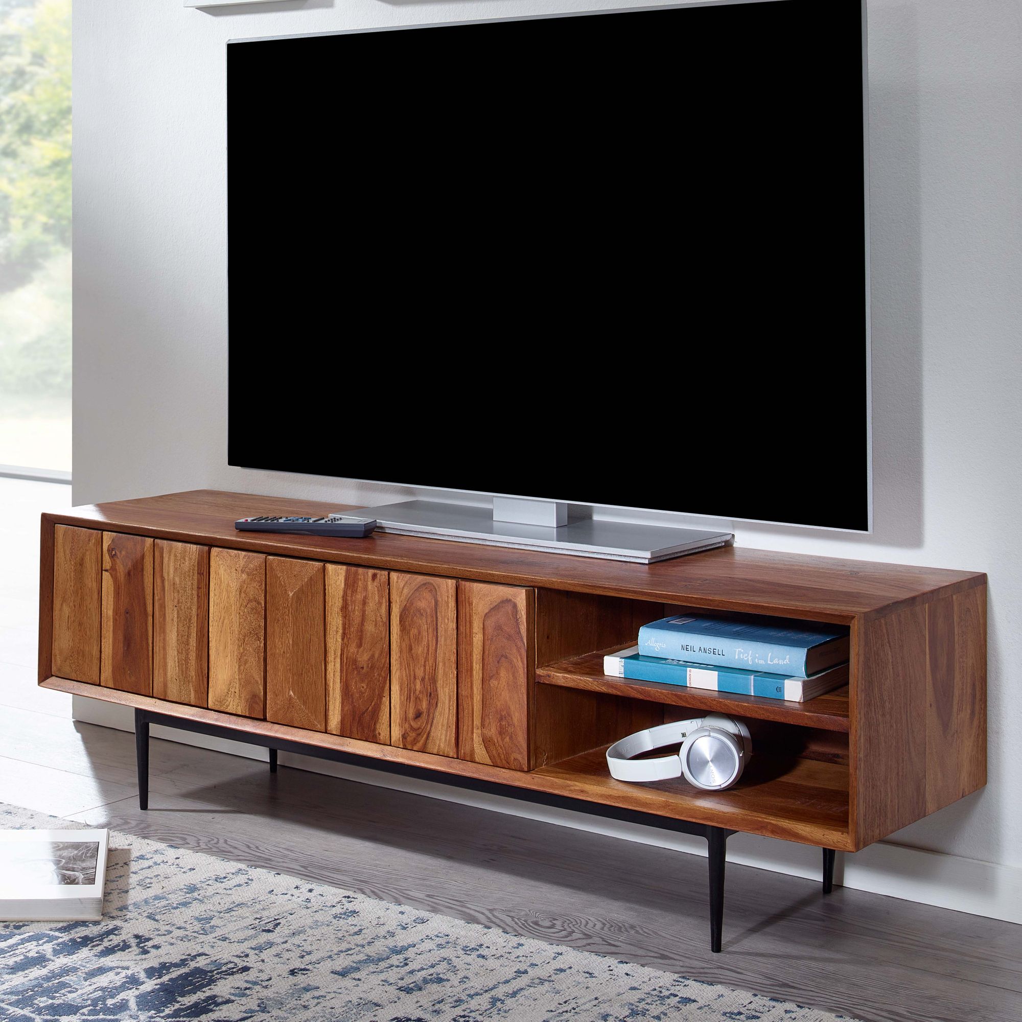 Lowboard Sheesham Legno Massello Marrone Scuro con Gambe Nere | 123x42x35 cm | Mobile TV con Due Porte