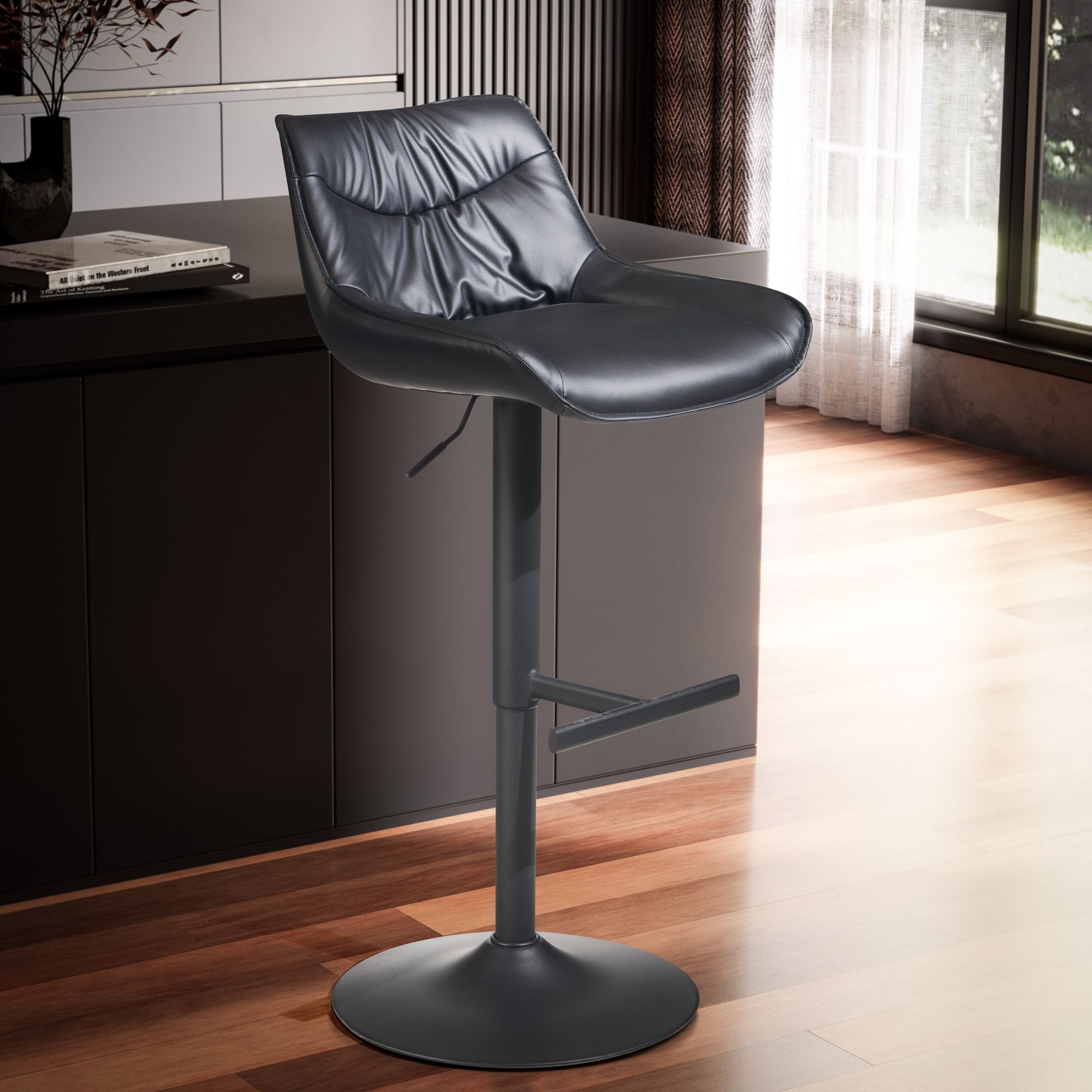 Sgabello Bar Ecopelle Nero | Sgabello con Schienale | Altezza Regolabile 86 - 106 cm