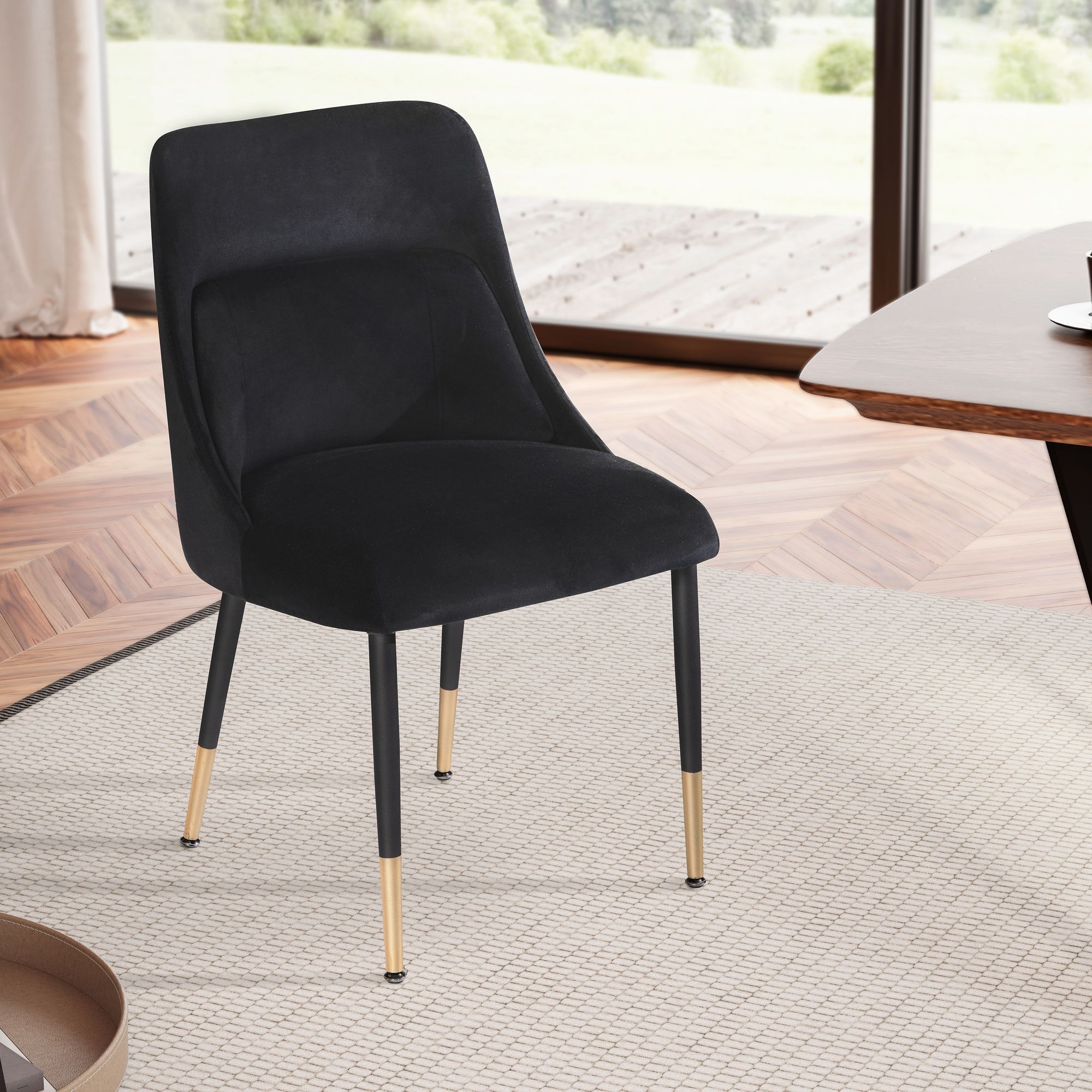 Sedia da pranzo in velluto nero con gambe nere | 49x56x85 cm | Poltrona moderna imbottita