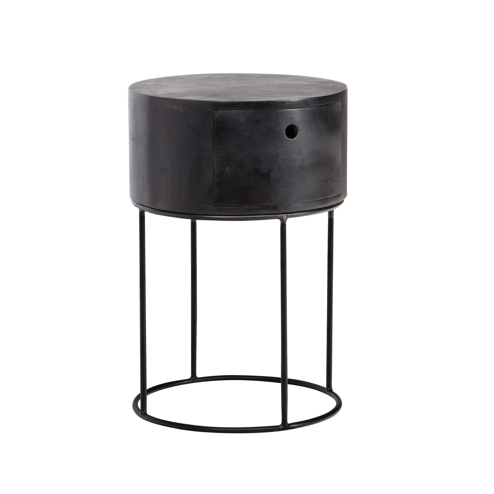Comodino rotondo in legno massello di mango nero opaco | 40x40x60 cm | Design con cassetto
