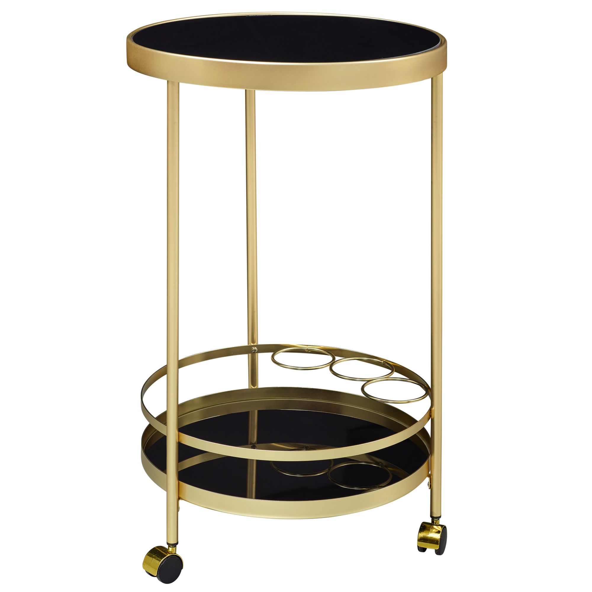Carrello portavivande design | Acciaio verniciato oro opaco e vetro nero | Ø 45 cm, Altezza 76 cm