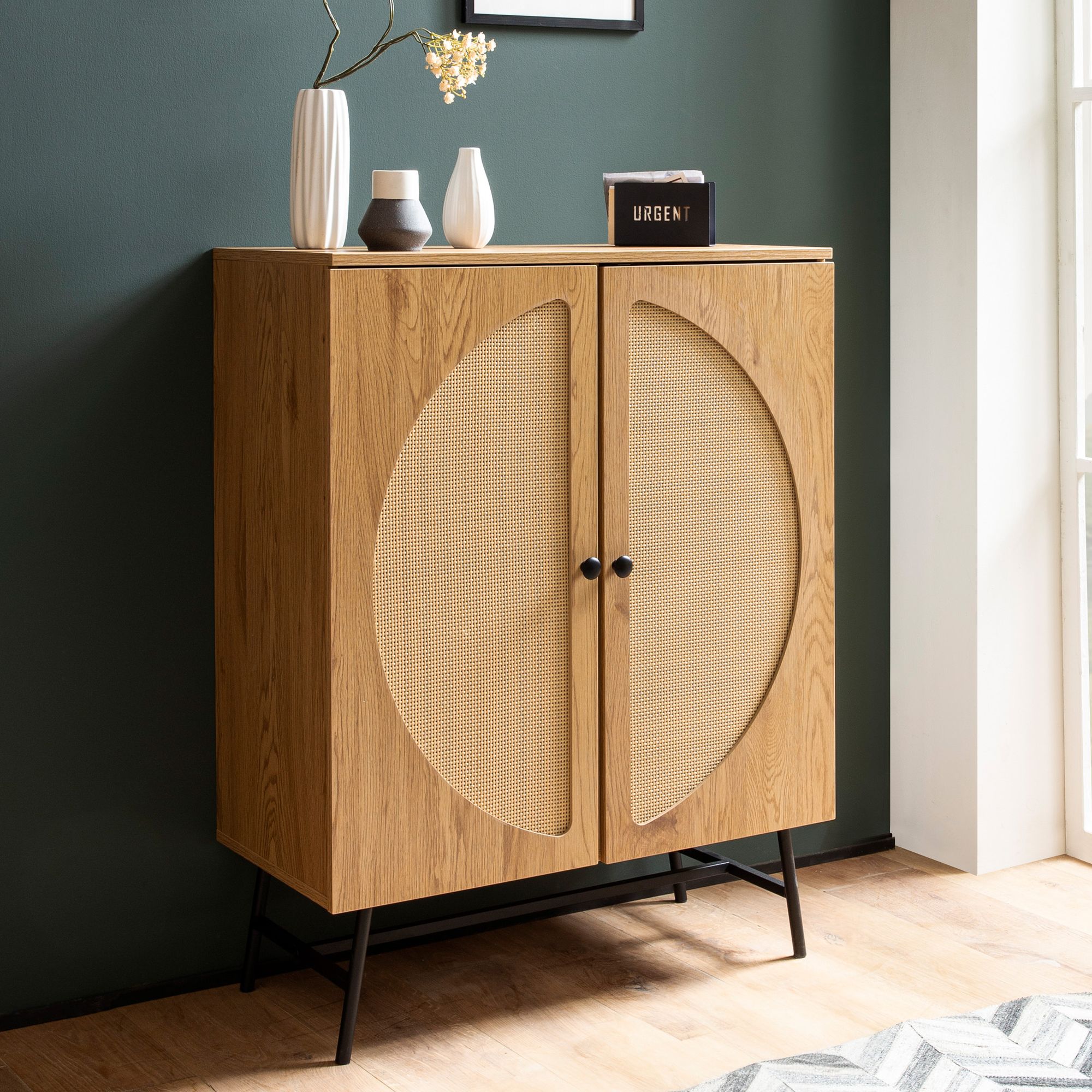 Credenza 80x103x39 cm credenza in rovere con intreccio in rattan moderna, cassettiera alta, mobile alto con 2 ante, cassettiera credenza soggiorno