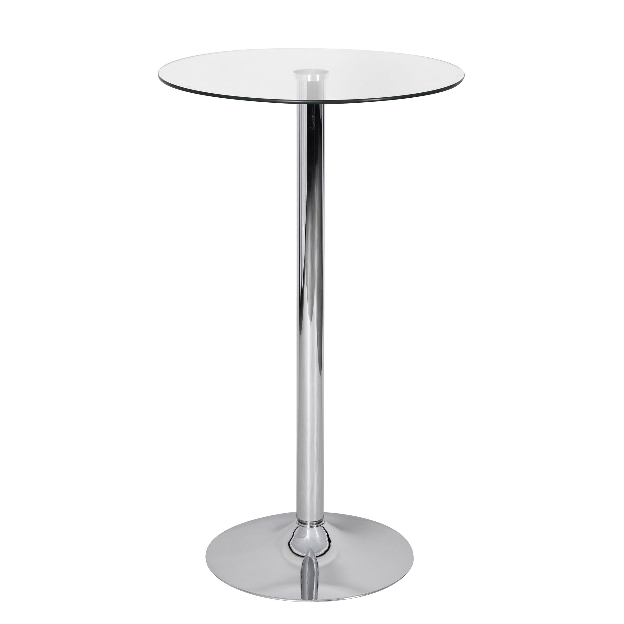 Tavolo Alto Rotondo 60x60x105 cm Vetro Temperato Trasparente | Base Tromba Argento