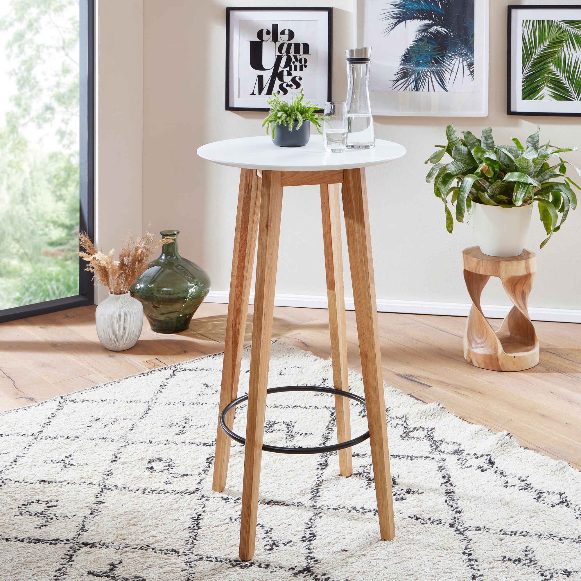 Tavolo alto legno massiccio / MDF bianco & rovere marrone | 60x110x60 cm | Tavolo bar rotondo scandinavo