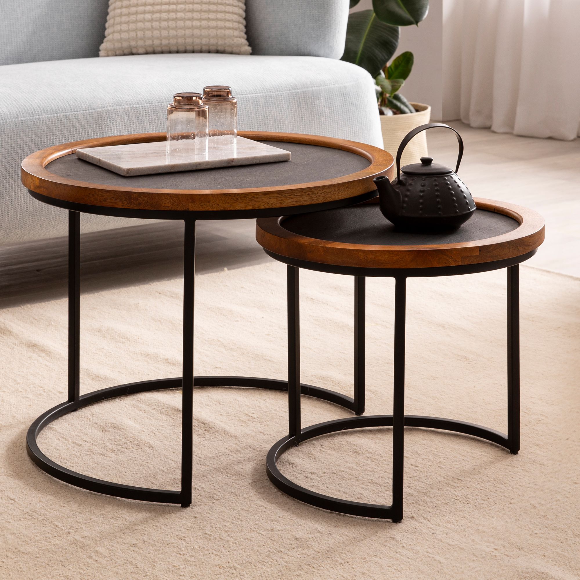 Set 2 Tavolini da caffè Legno massello di mango / Effetto pietra | Marrone / Antracite | Grande 60x60x46 cm & piccolo 44x44x40 cm