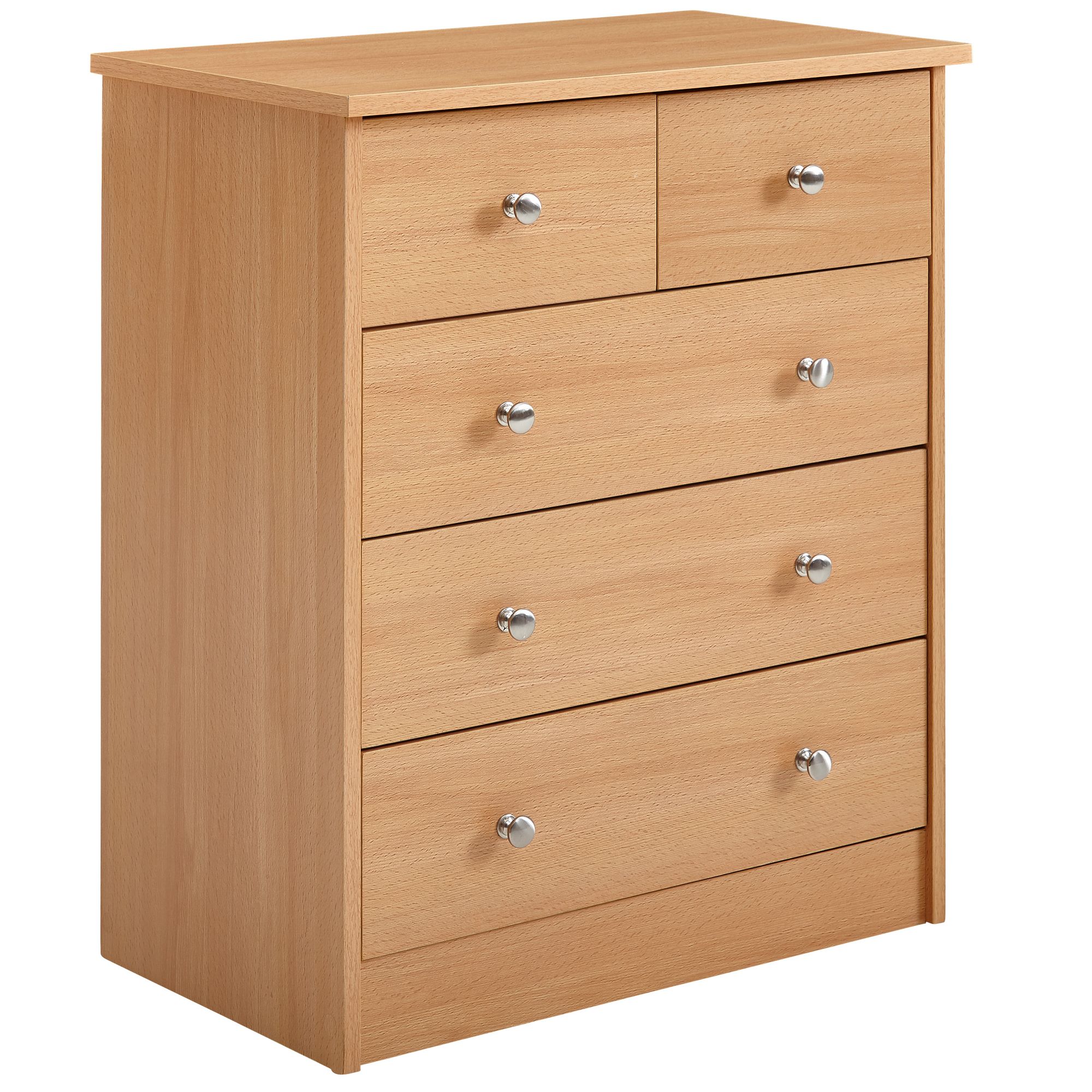 Cassettiera in legno di faggio color legno chiaro | 60x70x35 cm | 5 cassetti in metallo argento