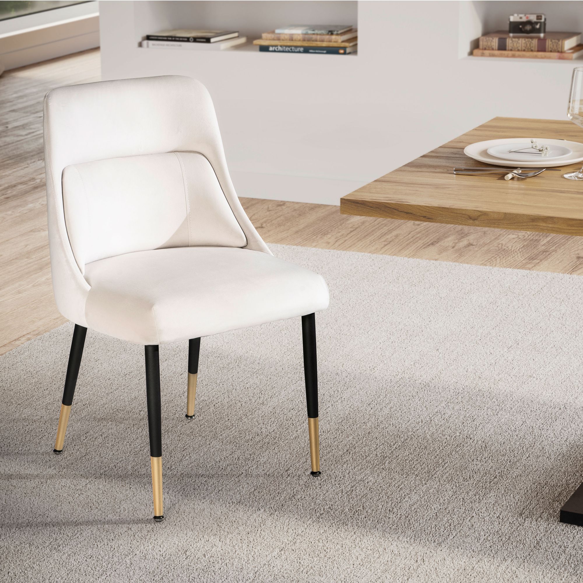 Sedia da pranzo Velluto Beige | Gambe nere | 49x56x85 cm