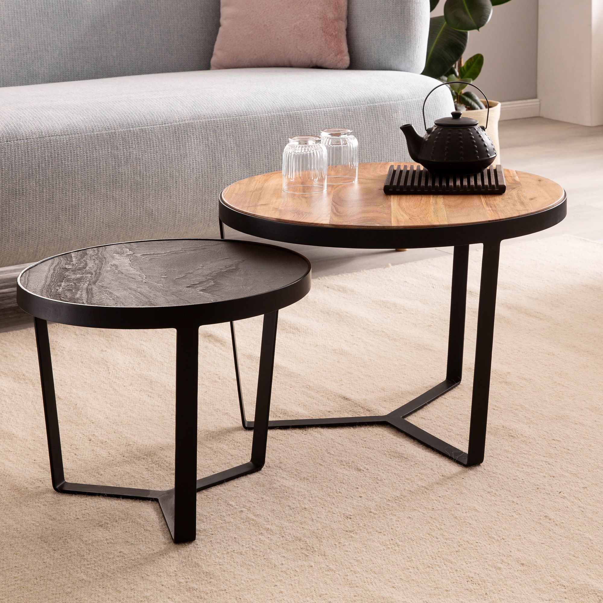 Set 2 Tavolini in Legno Massello di Acacia / Effetto Pietra Marrone & Antracite | 60x60x40 cm & 44x44x35 cm
